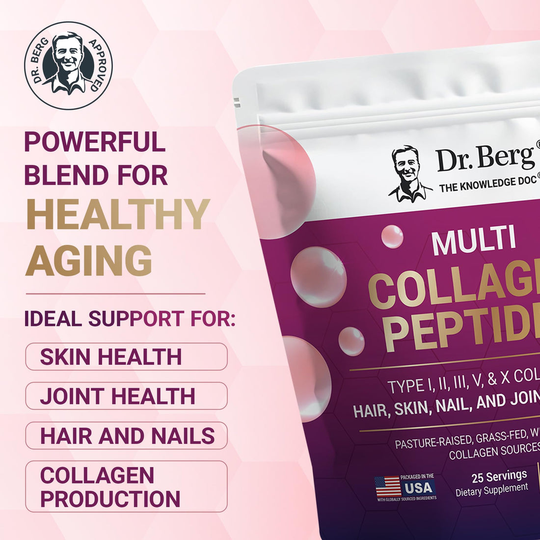 Dr. Berg Multi Collagen Peptides Powder Types I, II, III, V, X - Unflavored Collagen Powder w/ 14 g of Protein - Grass-Fed, Pasture-Raised & Wild-Caught Collagen Sources - 25 Servings