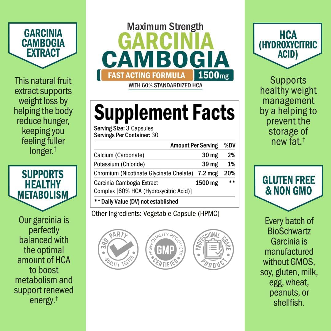 Garcinia Cambogia Weight Loss Pills - 1500mg HCA Pure Extract - Fast Acting Appetite Suppressant - Fat Burner for Women and Men to Help Lose Weight - Carb Blocker Metabolism Diet Pill - 90 Capsules