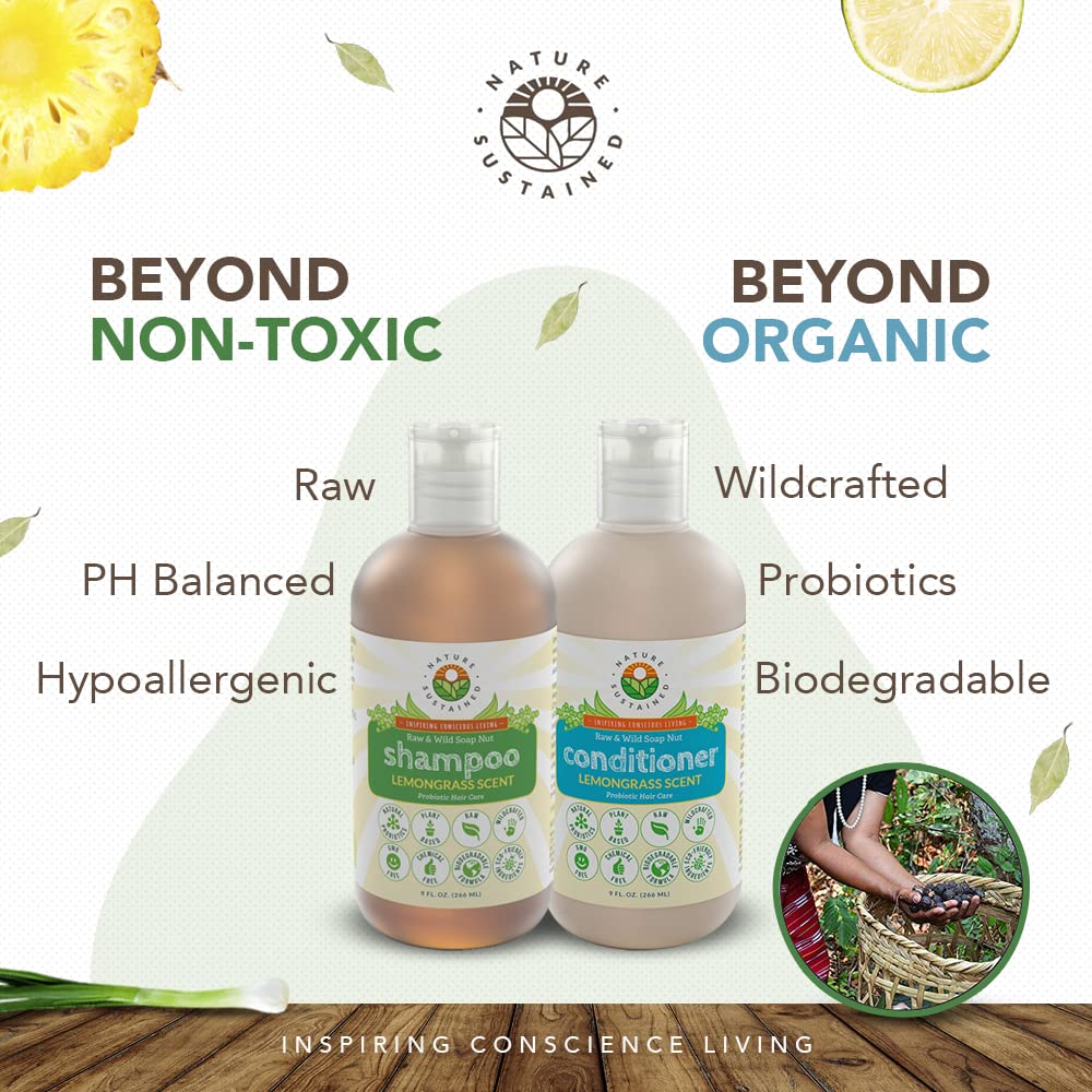 Nature Sustained Pure, Sensitive Skin Shampoo & Conditioner Raw Probiotic Plant Formula (pH Balanced) for Sensitive Skin & Dry Hair - (9 Oz. Bottles) (Lemongrass, 2-pack)