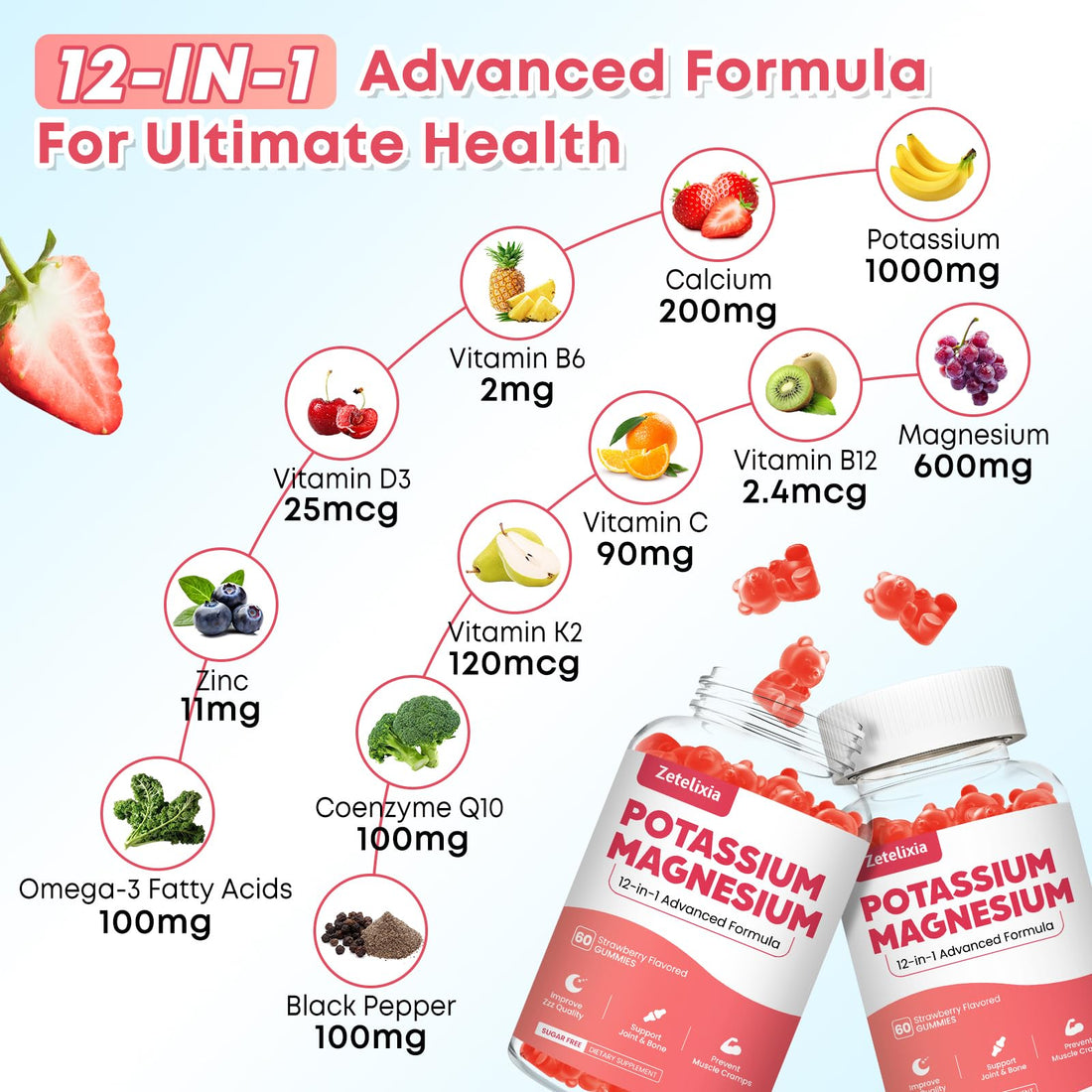 Potassium Magnesium Supplement Gummies for Adults Kids, Magnesium Glycinate & Potassium Citrate, Plus Multivitamin, Omega-3 & Black Pepper, Leg Cramps, Muscle & Heart Health, 60ct