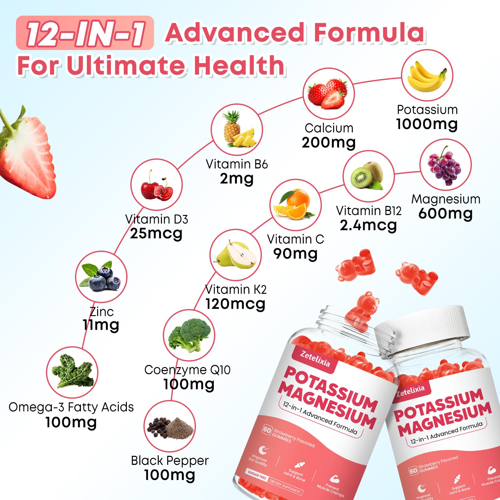 Potassium Magnesium Supplement Gummies for Adults Kids, Magnesium Glycinate & Potassium Citrate, Plus Multivitamin,Omega-3 & Black Pepper, Leg Cramps, Muscle & Heart Health, 120ct