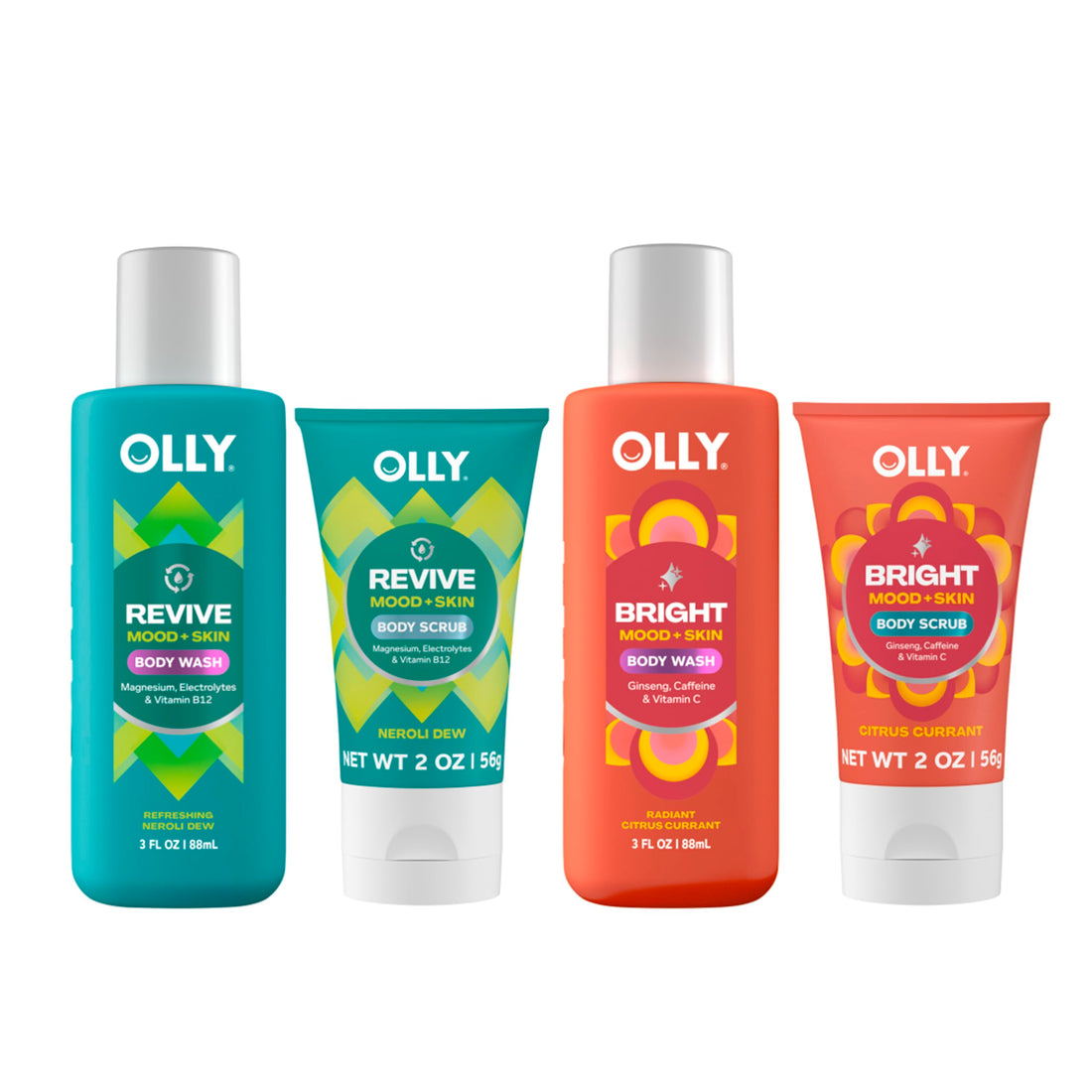 OLLY Body Wash & Body Scrub Mini pack 4 Count Hydrate & Repair Skin Barrier 3 oz