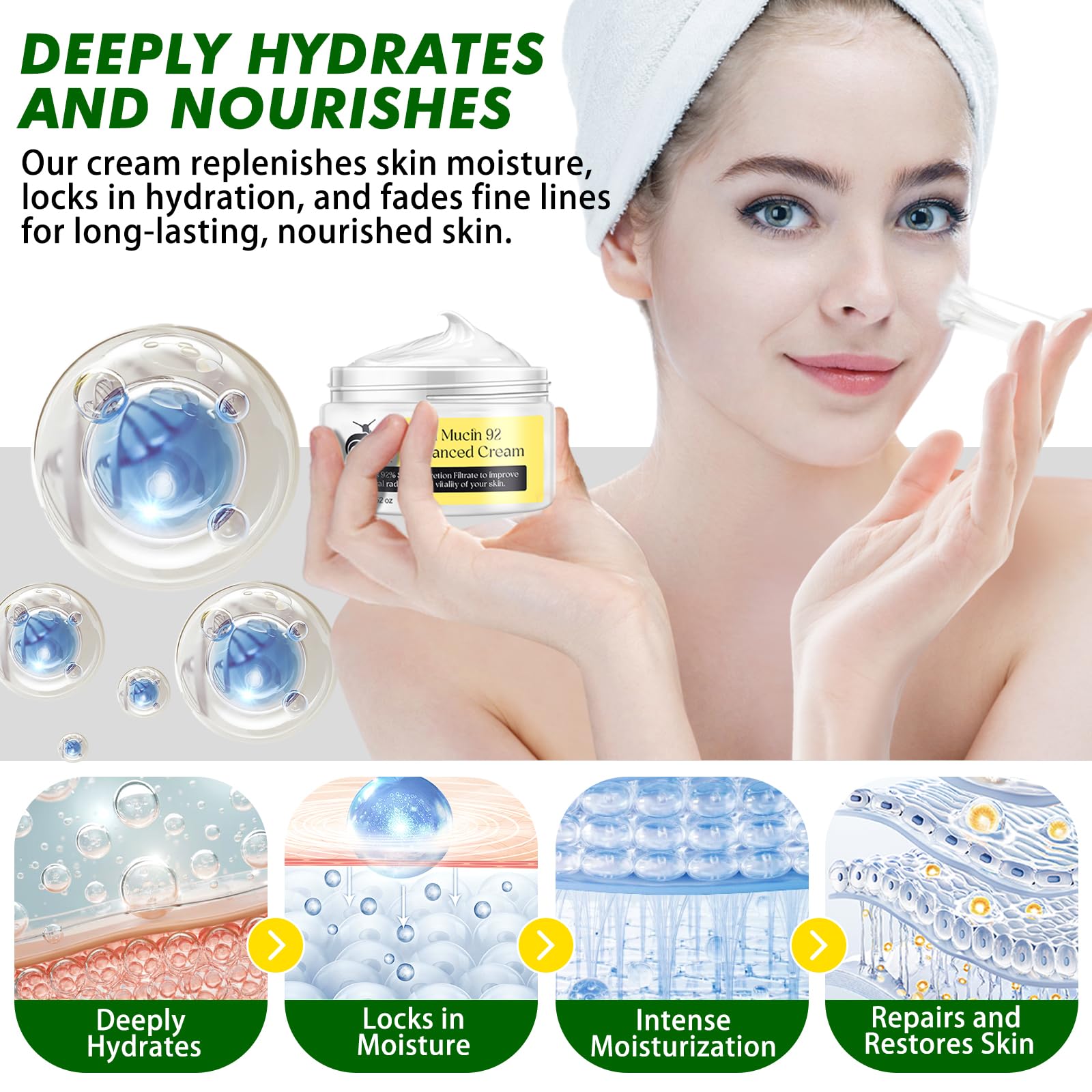 RoongDuuDll Snail Mucin Moisturizer - Snail Mucin Serum Cream, Face Moisturizer with Advanced Snail 92 Mucin Essence, Face Moisturizing Cream for Dry Skin, Day & Night Korean Skin Care Repair Cream