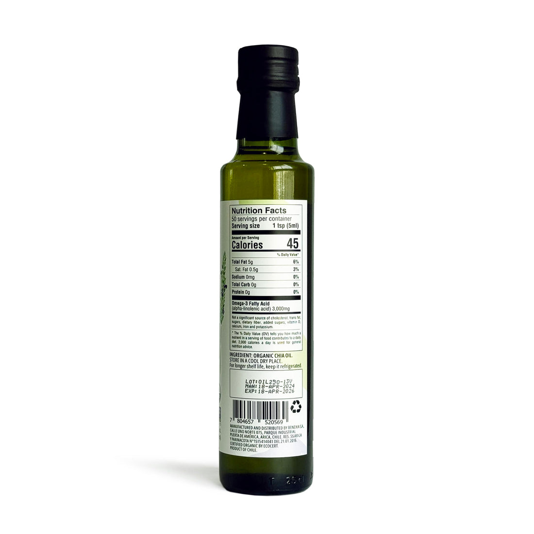 Seeds of Wellness - Organic Chia Seed Oil, Essential Bio Nutrients, Fatty Acids Omega-3 ALA Plant-Based, Cold-Pressed, Unrefined, Non GMO, 8.45 Fl Oz (250 ml) Glass Bottle, Pack of 1, Chile