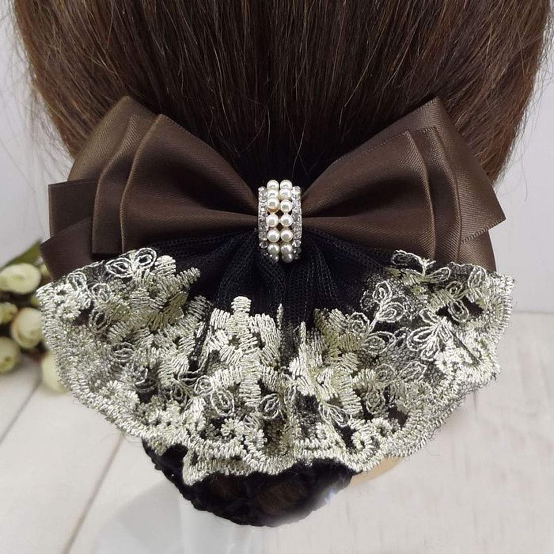 Lady Bow Hair Bun Net Snood Crochet Net Bun Hair Cover Hair Accessories Bowknot Decor Barrette Hair Clip Lace Flower Hair Accessories (Brown)