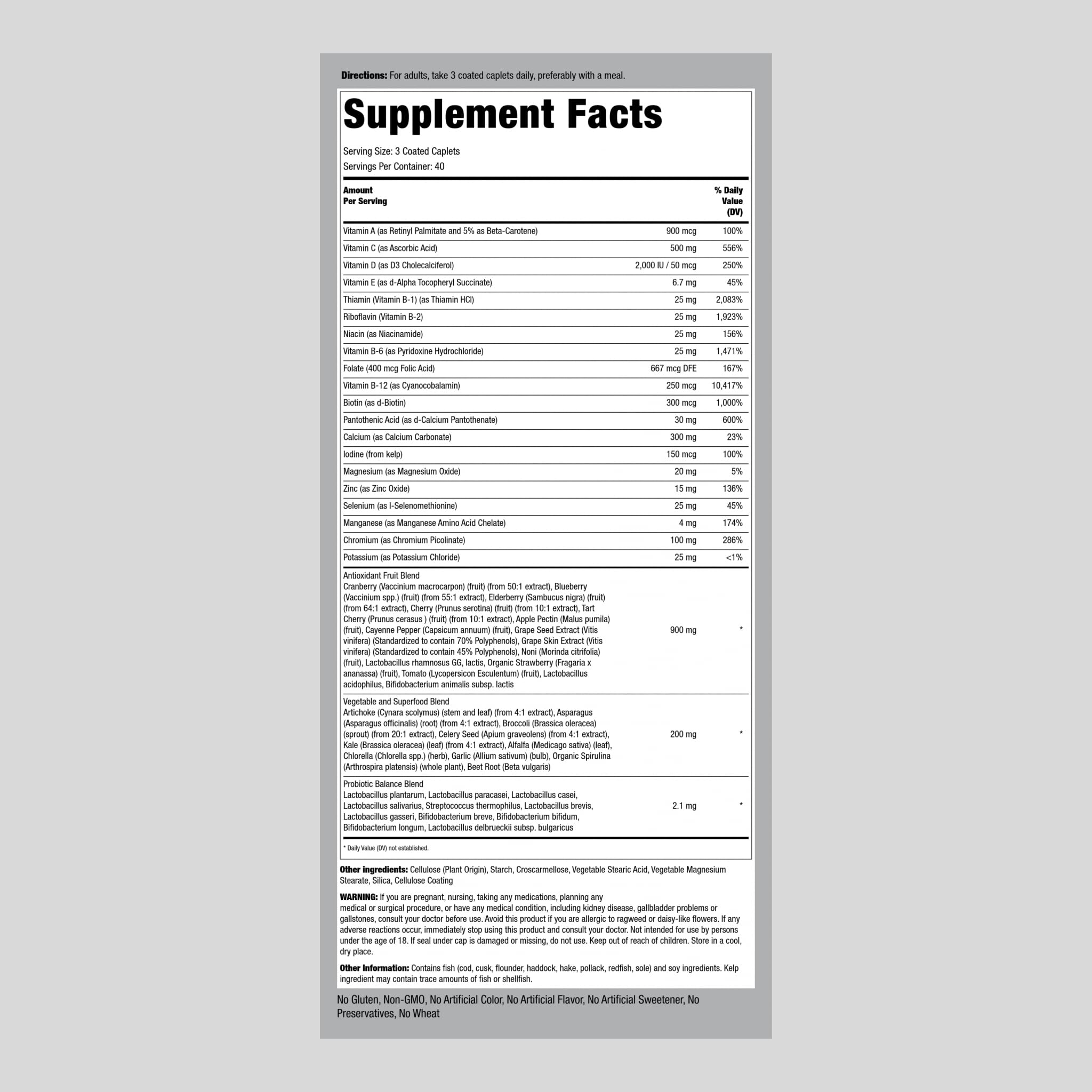 Piping Rock Fruits and Veggies Supplement | 120 Caplets | Fruit and Vegetable Blend with Probiotics | Max Multi Vitamin | Non-GMO, Gluten Free