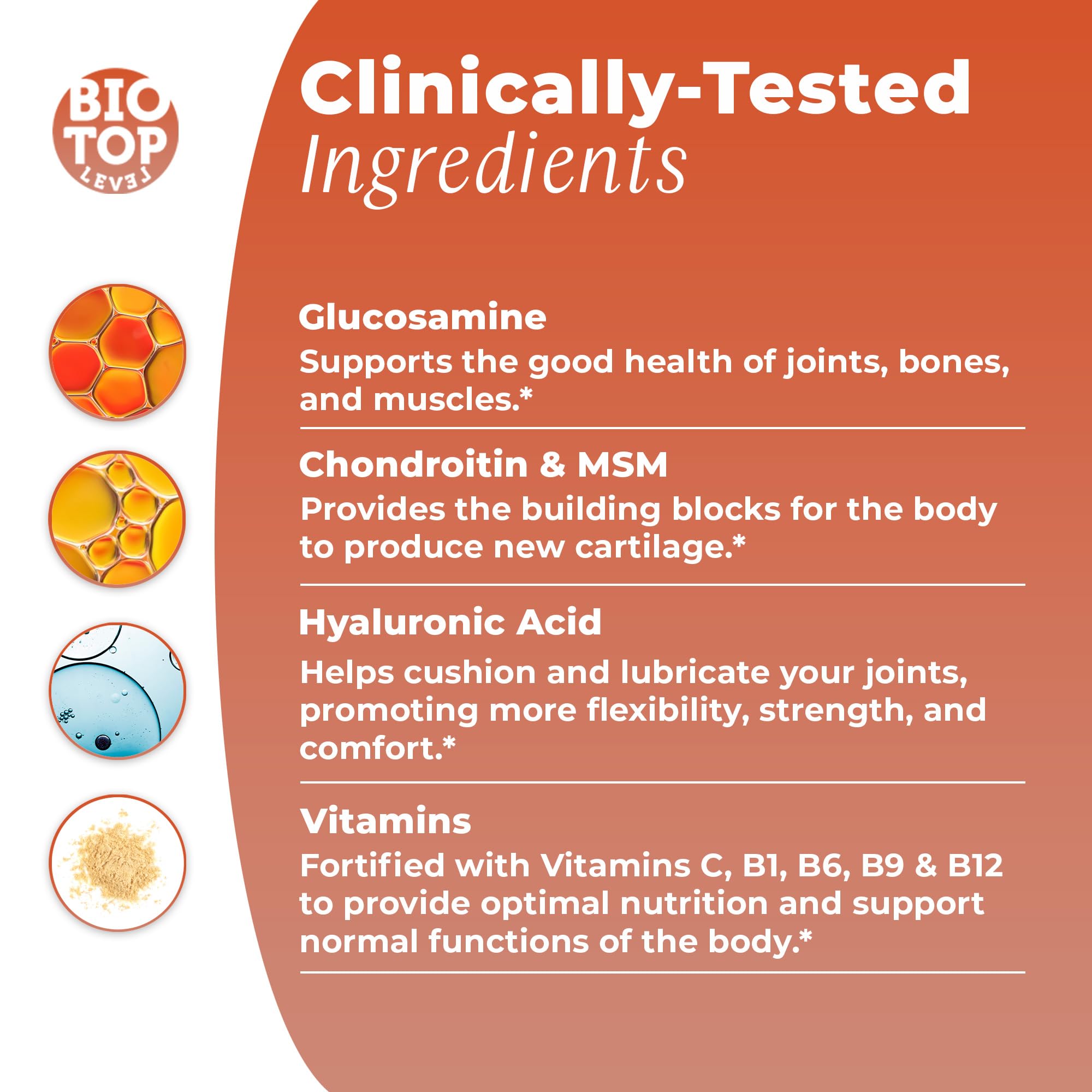 BIOTOPLEVEL Best Combination (Bundle) for The Good Health of Joints, Bones, Muscles, Hair, Skin and Nails - Glucosamine, Chondroitin, Collagen, Biotin, Hyaluronic Acid, MSM and Vitamin C