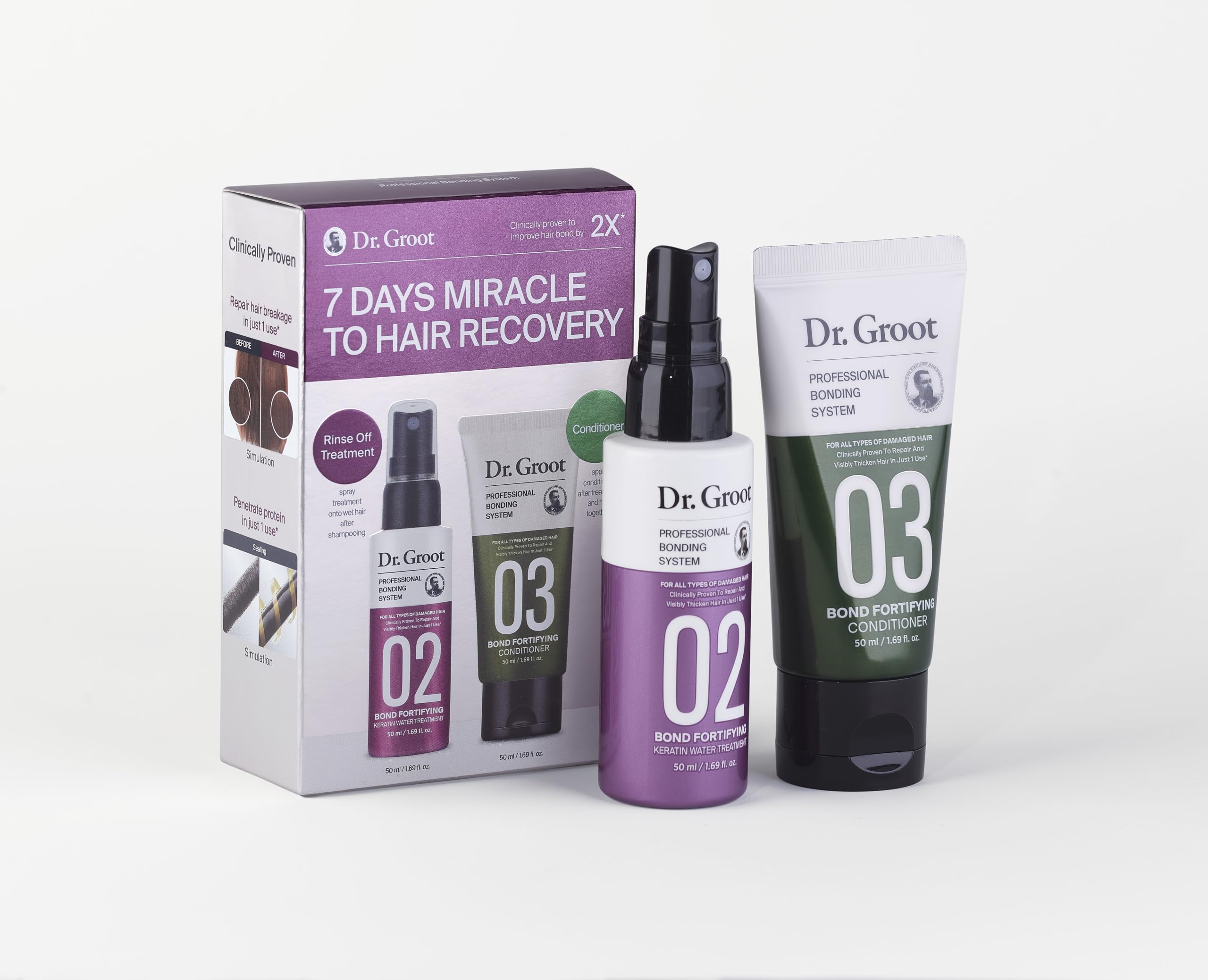 Dr. Groot Professional Bonding System Travel Set - Damaged Hair Repair, Strengthens & Hydrates All Hair Types, Featuring Keratin, Conditioner, and Glass Hair Effect, TSA Approved