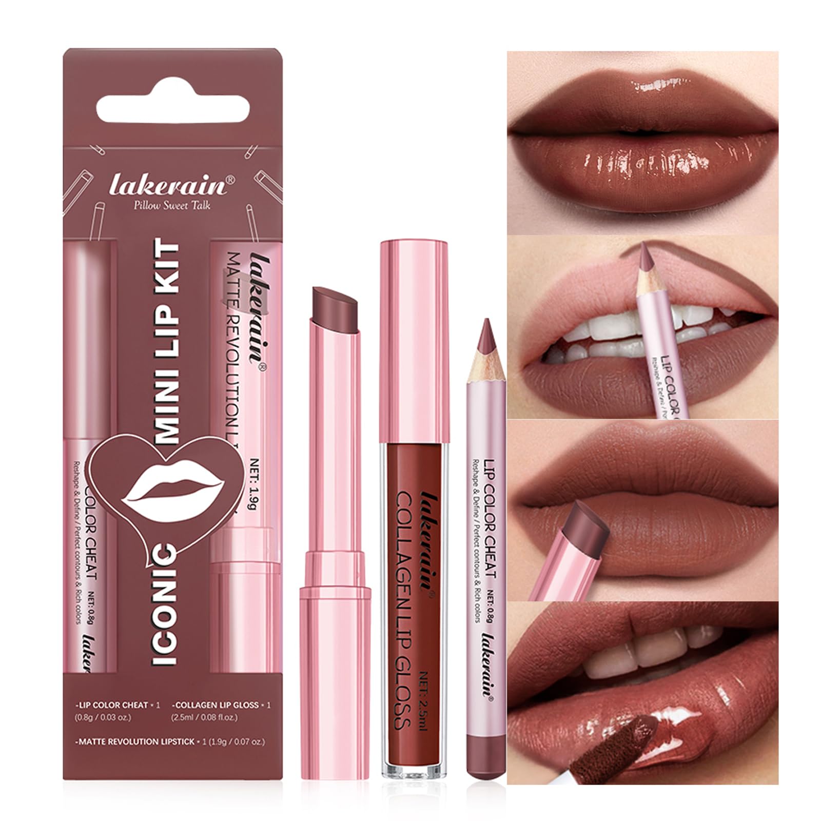 3PCS Lip Liner and Lipstick Combo Set - Matte Lip Liner Pencil, Velvet Matte Lipstick & Hydrating Collagen Lip Gloss - Long-Lasting, Smudge-Proof, High Pigment Nude Brown Lip Makeup Kit (Set 3, 3)