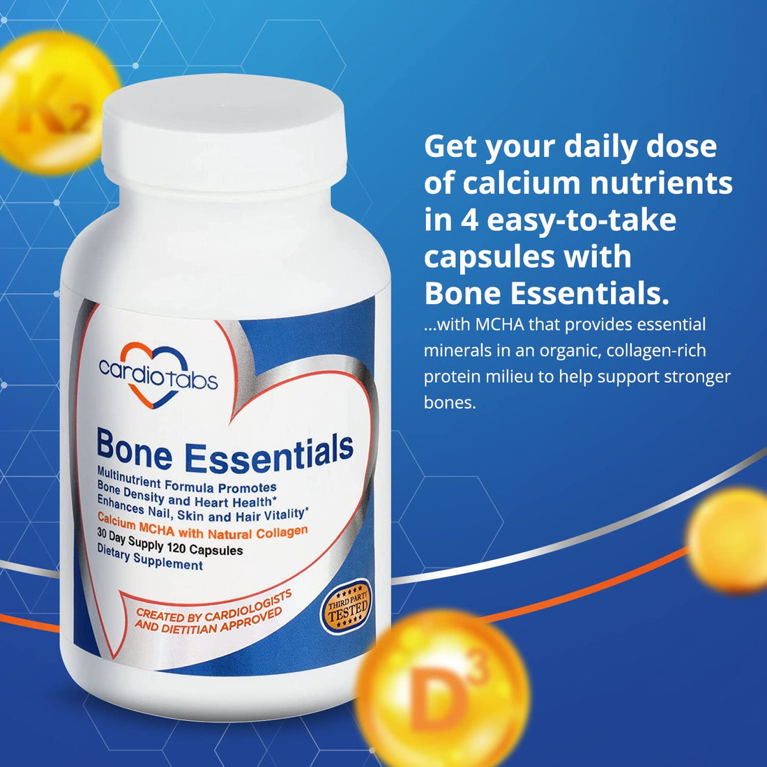 Cardiotabs Bone Essentials with MCHA & Collagen, Calcium Supplement w/Calcium Hydroxyapatite for High Absorption, Bone Density and Heart Supplement w/Vitamins, Minerals & Proteins, 120 Capsules