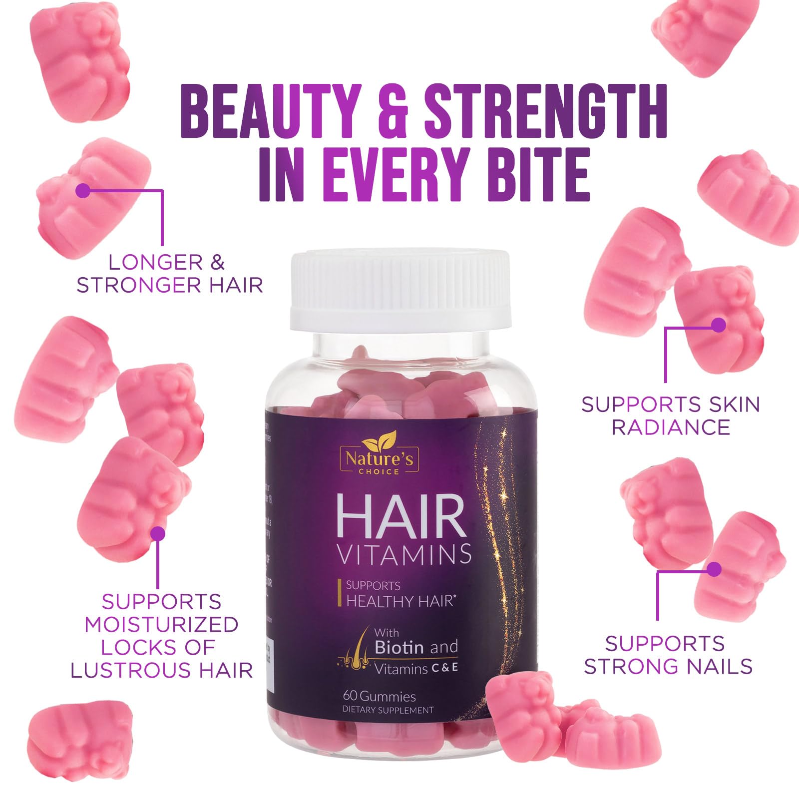 Hair Vitamins Gummies with Biotin 5000 mcg Vitamin E & C Support Hair Growth Gummy, Premium Vegetarian Non-GMO, for Stronger, Beautiful Hair, Skin & Nails, Biotin Gummies Supplement - 60 Gummy Bears