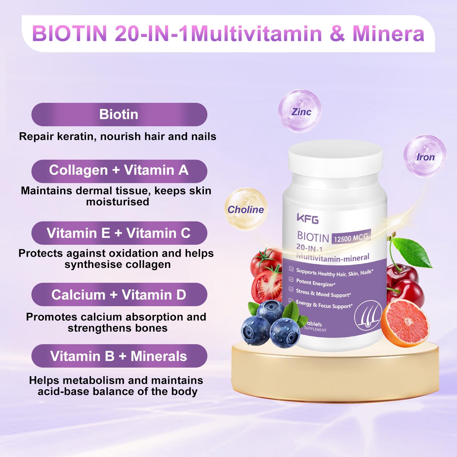 KFG Biotin 10000mcg, Women’s Multivitamin-Mineral, with Keratin, Collagen, Calcium, Niacinamide & Vitamins A, B, D, C, E, for Women Hair, Skin, Nail & Bone Health, 100 Tablets.