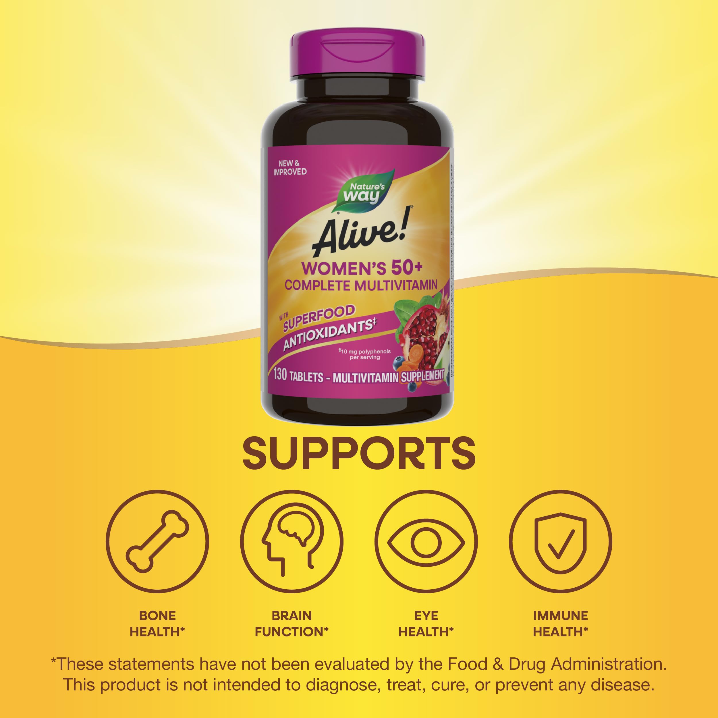 Nature's Way Alive! Women's 50+ Complete Multivitamin, Supports Healthy Heart, Brain, Bones*, Superfood Antioxidants**, B-Vitamins, Gluten Free, 130 Tablets (Packaging May Vary)