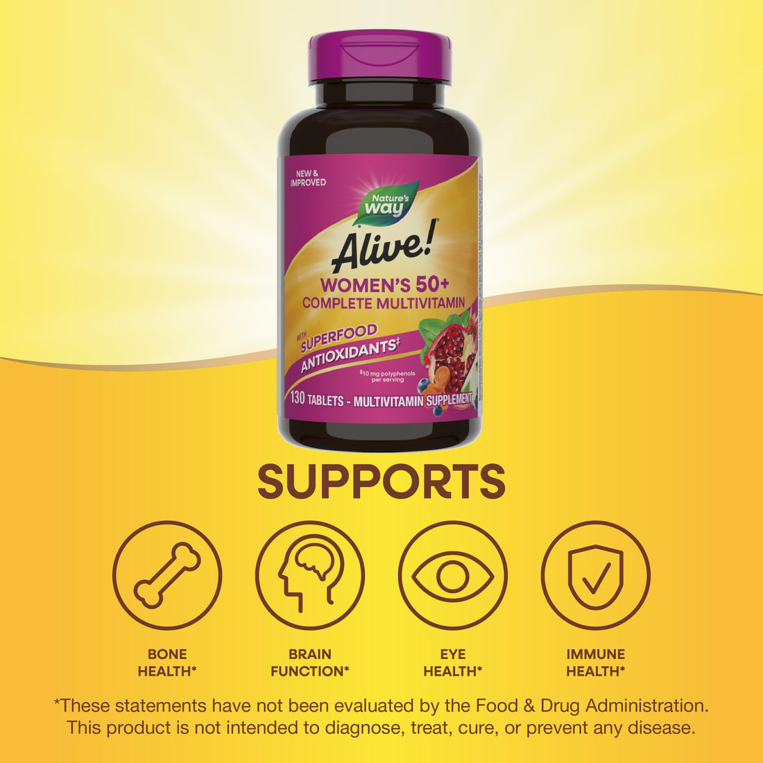 Nature's Way Alive! Women's 50+ Complete Multivitamin, Supports Healthy Heart, Brain, Bones*, Superfood Antioxidants**, B-Vitamins, Gluten Free, 130 Tablets (Packaging May Vary)