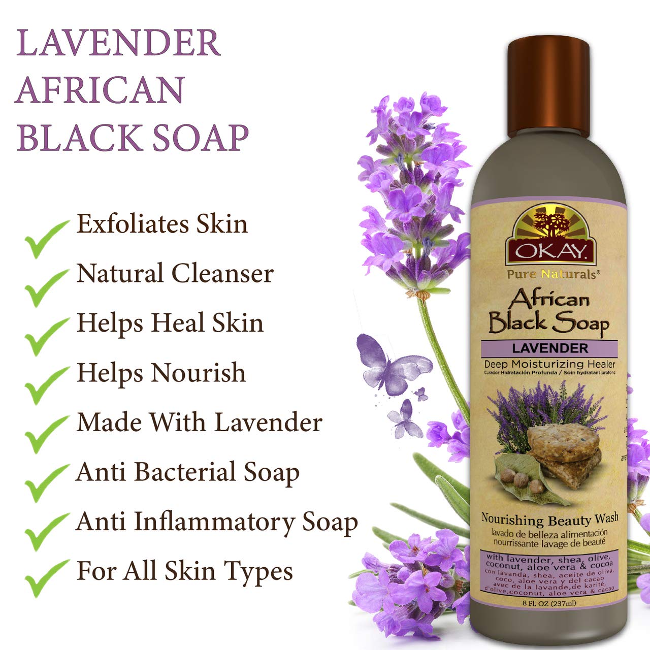 OKAY African Black Soap Liquid, Lavender, 8 Fluid Ounce