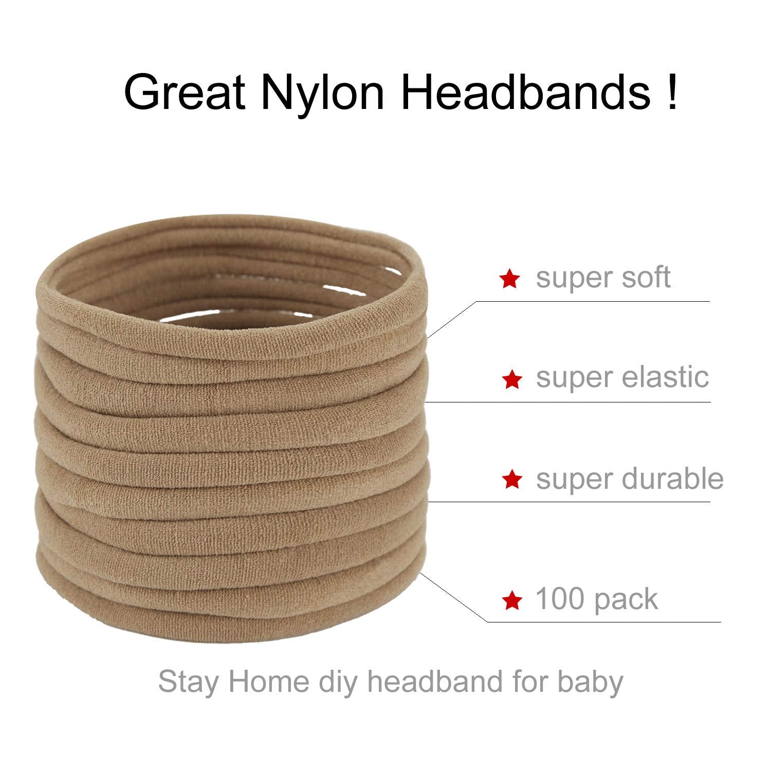 100 Pack Bulk Super Soft Stretchy Elastic Nude Skin Color Nylon Headbands Bow Khaki Brown Ivory Skinny Slim Turban Headwrap Hair Ties Ponytail Holder