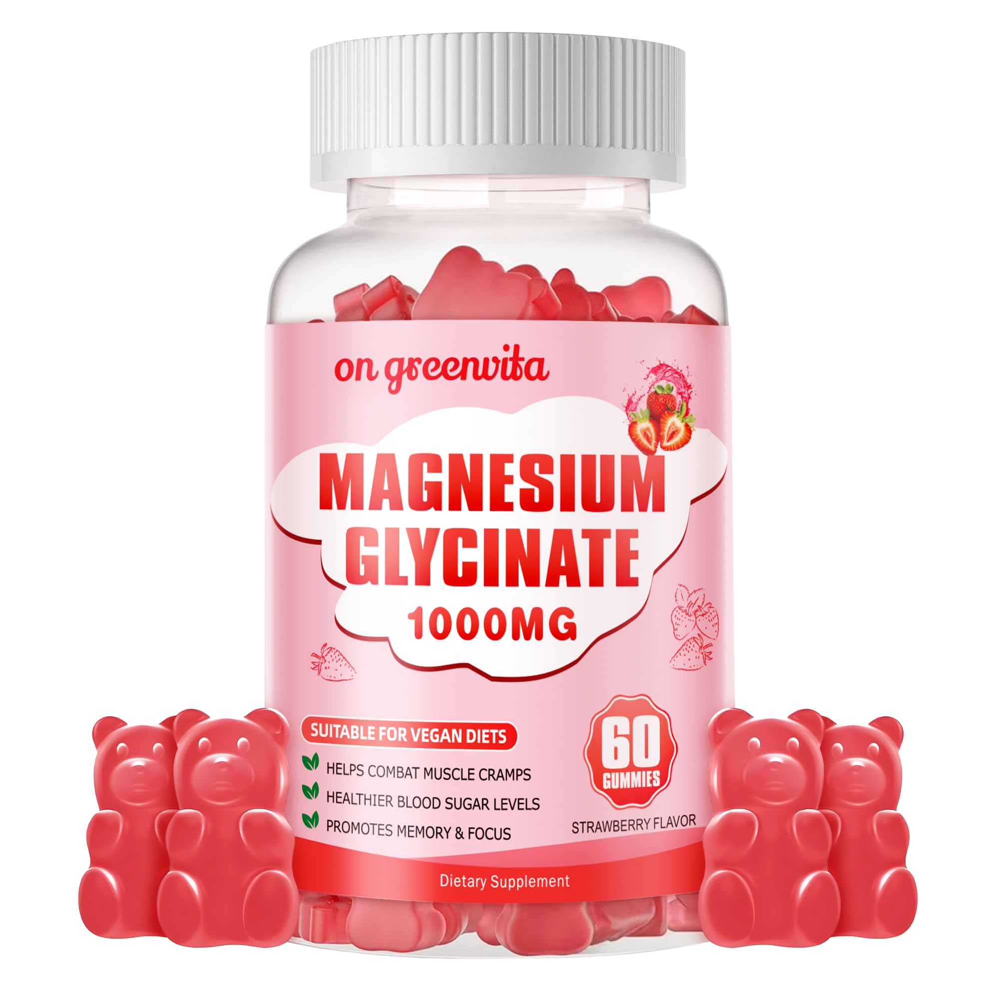 Magnesium Glycinate Gummies 1000mg - Sugar Free Magnesium Potassium Supplement with Vitamin D, B6, CoQ10 for Calm Mood & Sleep Support - 60 Strawberry Gummies
