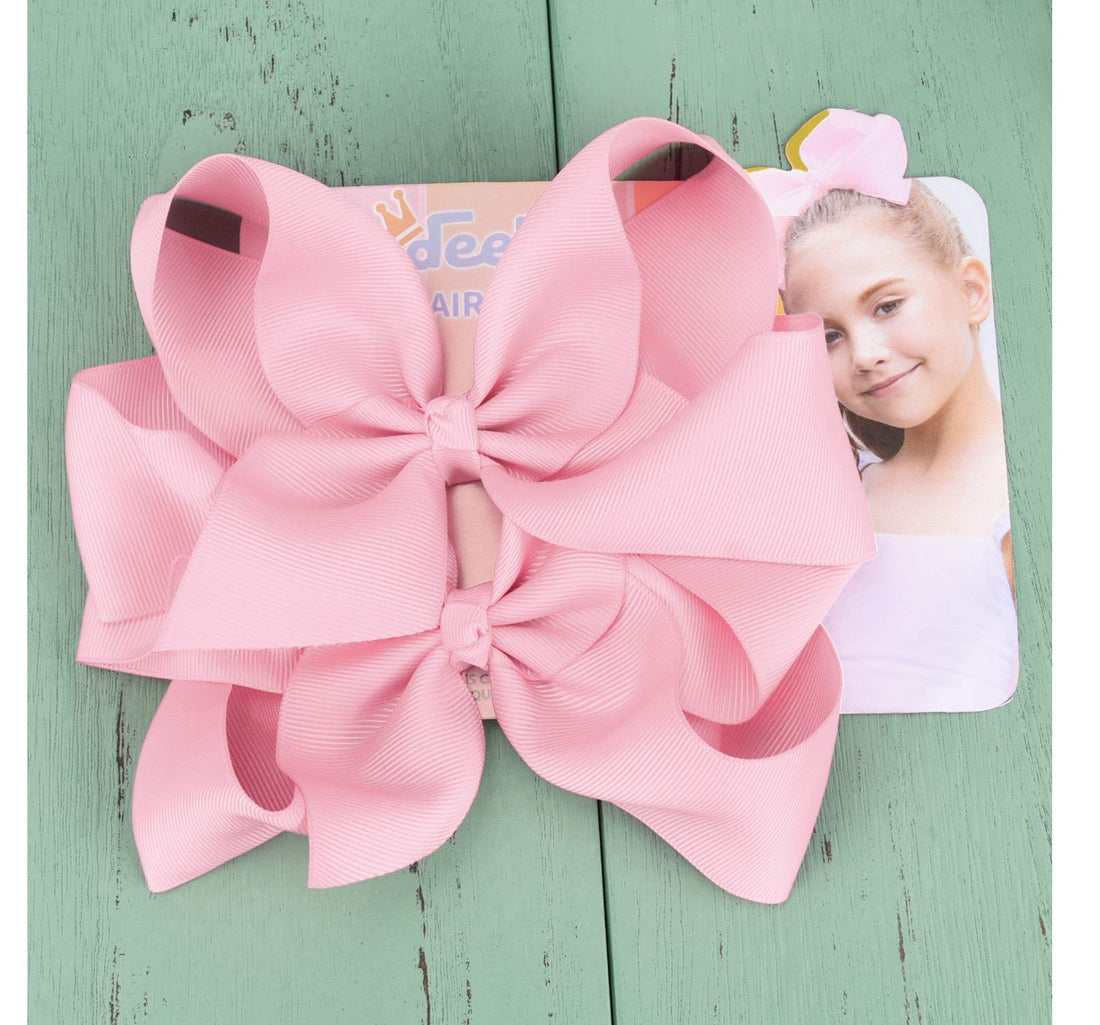 DEEKA 2 PCS 6 Big Hand-made Grosgrain Ribbon Solid Color Hair Bows Alligator Clips Hair Accessories for Little Teen Toddler Girls Kids Set of 2 -Light Pink