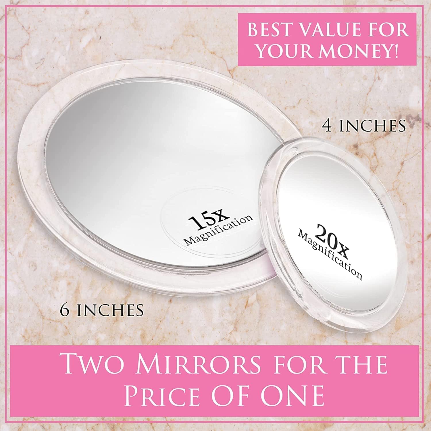 MIRRORVANA 20X & 15X Magnifying Mirror Set with 3 Suction Cups Each - Compact & Travel Ready Mirror for Makeup - Sizes: 6 and 4 Wide