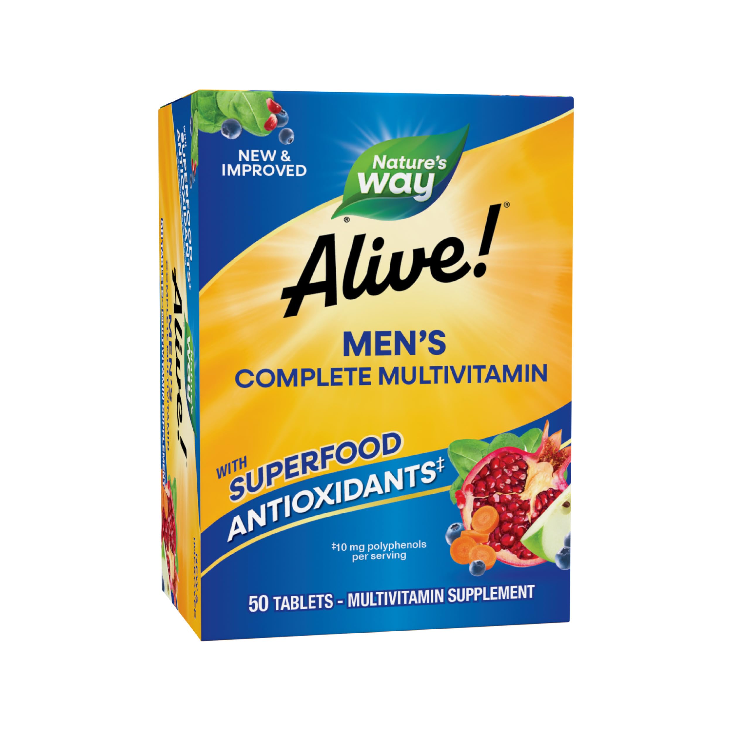 Nature's Way Alive! Men's Complete Multivitamin, Supports Energy Metabolism & Muscle Function*, B-Vitamins, Superfood Antioxidants**, Gluten-Free, 50 Tablets (Packaging May Vary)