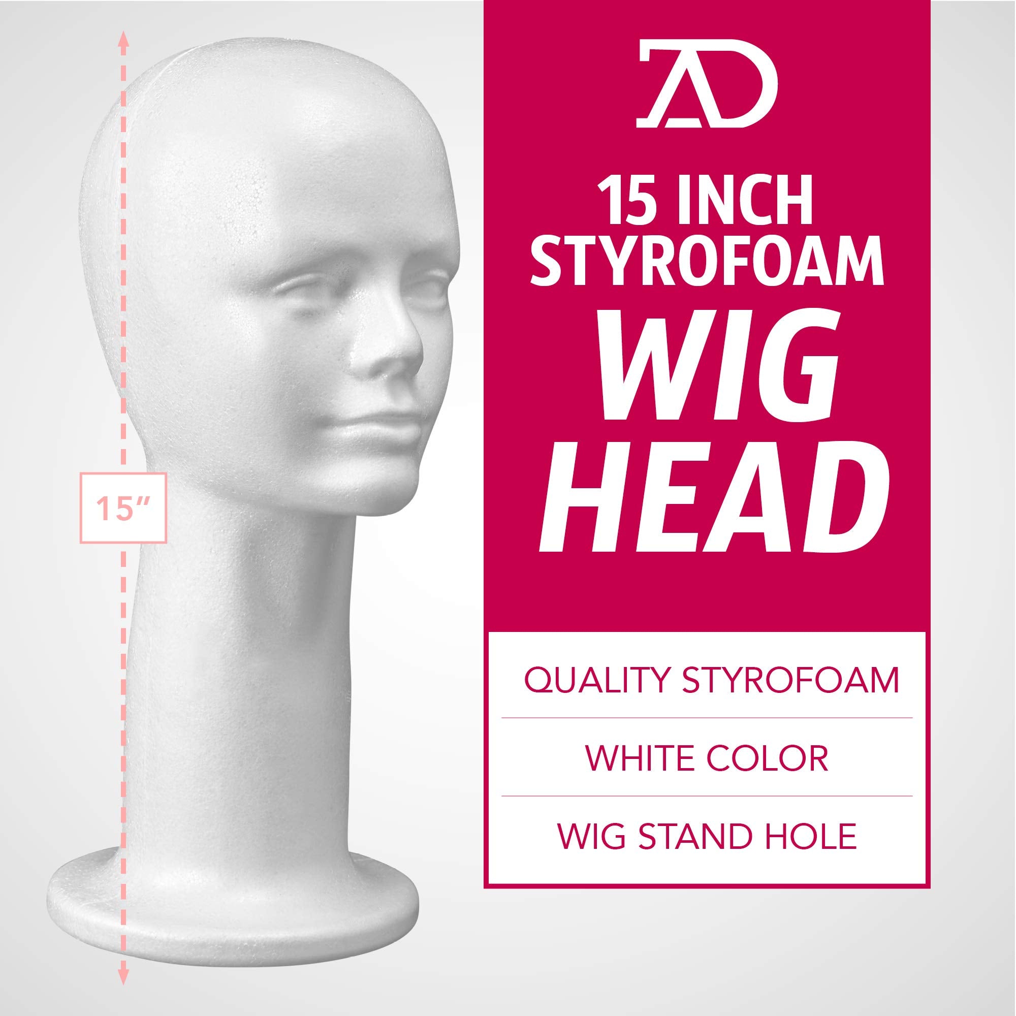 15'' Inch Styrofoam Head Wig Head Mannequin Manikin, Style, Model & Display Women's Wigs, Hats & Hairpieces Stand - Large, by Adolfo Designs