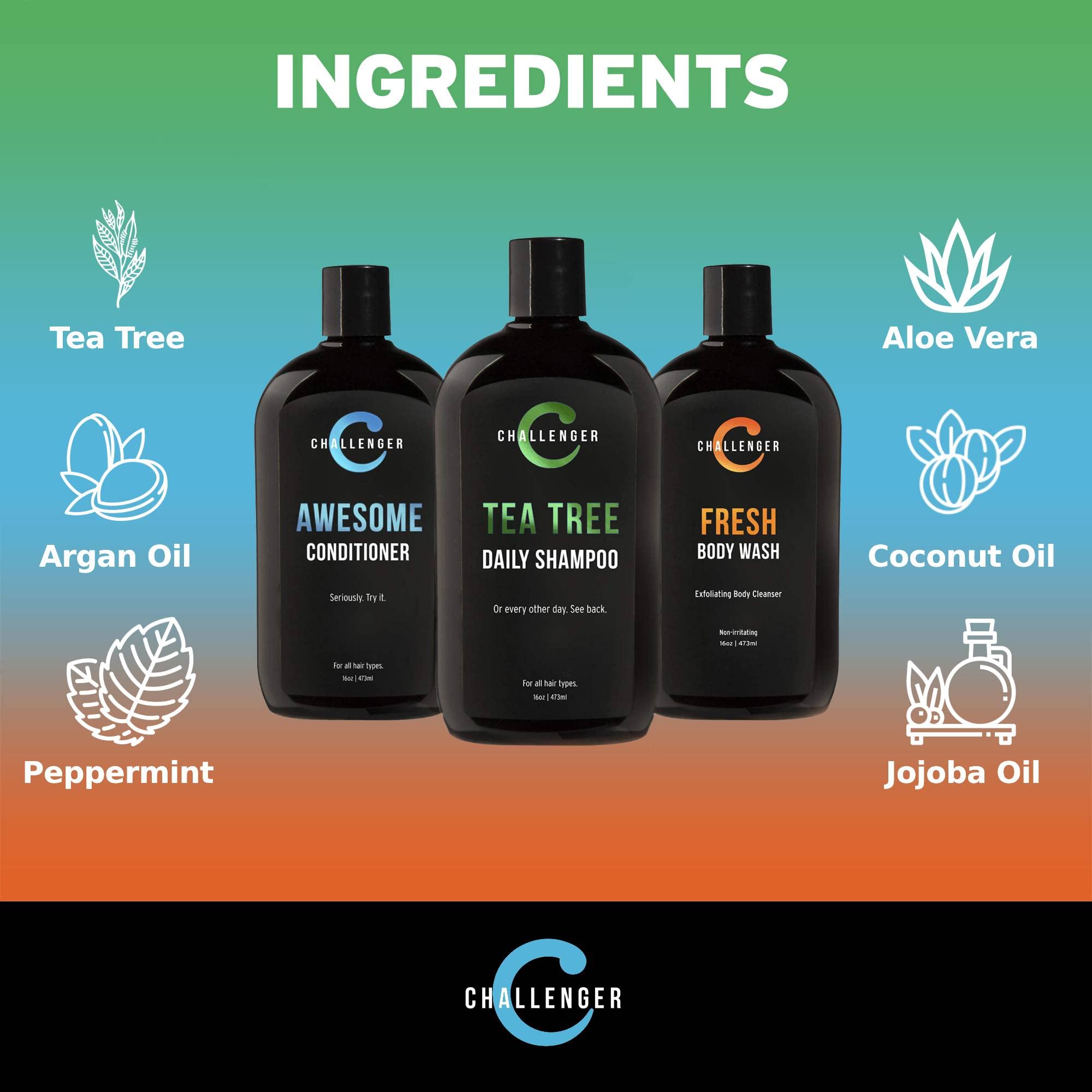 Challenger Men’s Tea Tree Shampoo, Conditioner, & Fresh Body Wash Trio, 3X 16 Oz Bottles | Sulfate Free w/ Vitamins, Argan Oil, Biotin | Keratin, Vitamin C, Vitamin D, Protein, No Artificial Colors