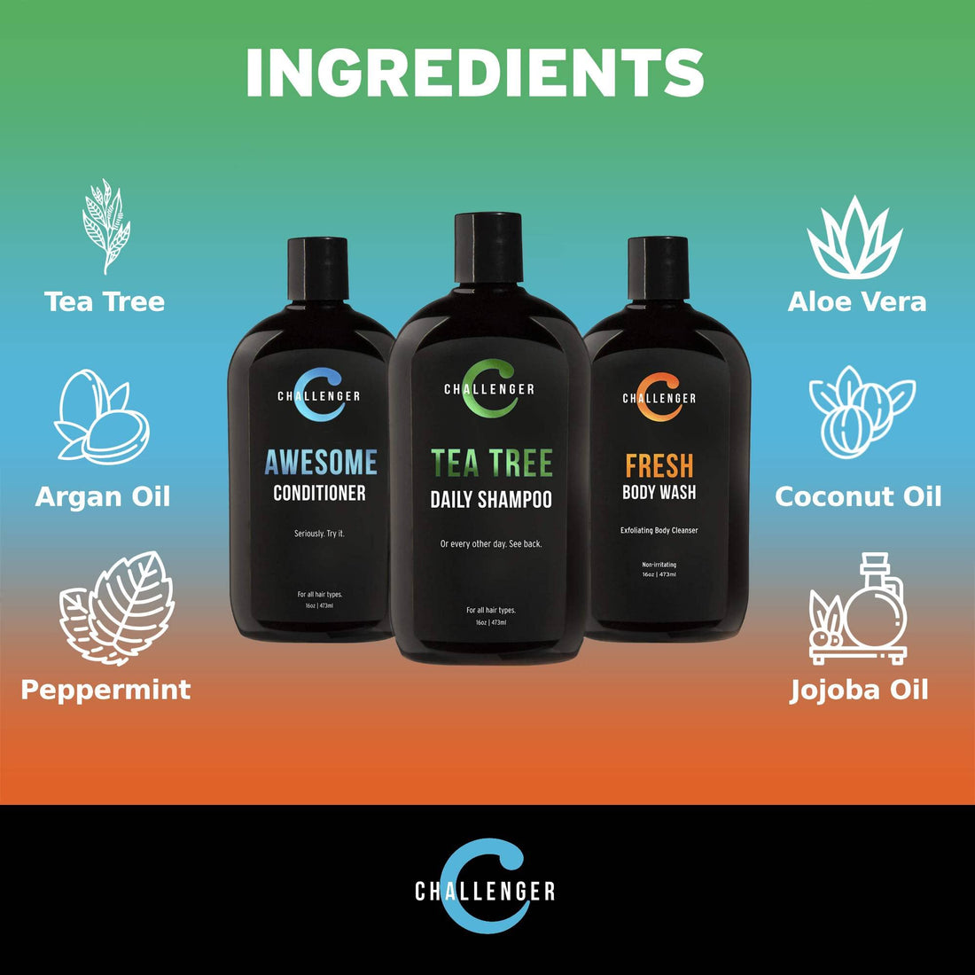 Challenger Men’s Tea Tree Shampoo, Conditioner, & Fresh Body Wash Trio, 3X 16 Oz Bottles | Sulfate Free w/ Vitamins, Argan Oil, Biotin | Keratin, Vitamin C, Vitamin D, Protein, No Artificial Colors