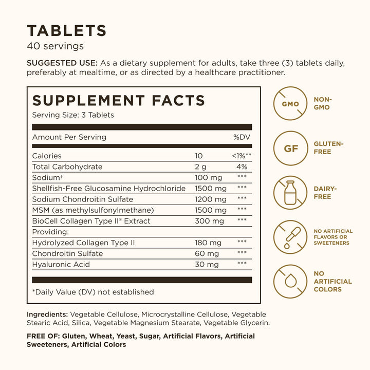 Solgar Glucosamine Hyaluronic Acid Chondroitin MSM, 120 Tablets - Supports Healthy Joints & Range of Motion & Flexibility - Extra Strength, Shellfish Free - Non-GMO, Gluten Free - 40 Servings