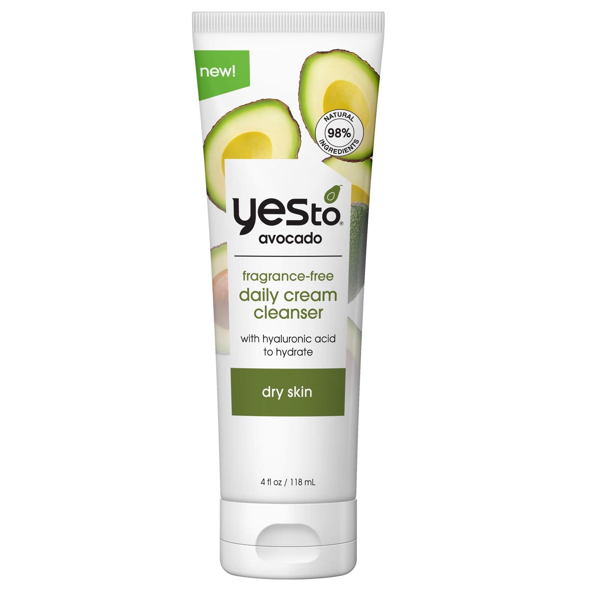 Yes To Avocado Fragrance Free Daily Cream Cleanser, 4 Fl Oz + Dry Skin + Clean and Nourish Skin + Avocado Oil and Hyaluronic Acid + Vegan + 98% Natural Ingredients