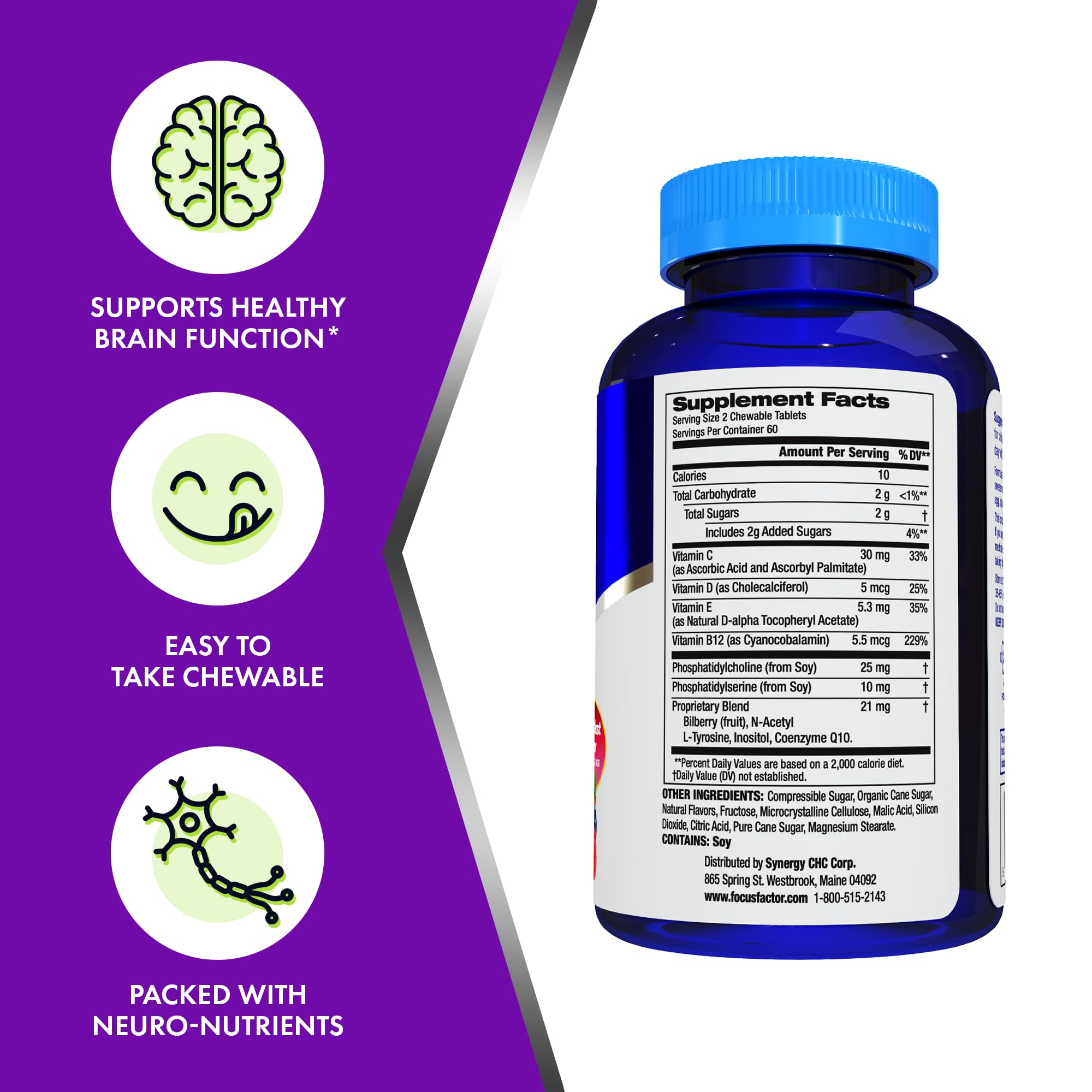 Focus Factor Kids Extra Strength Daily Chewable for Brain Health Support, 120 Count – Vitamins - Quality Formula – Gluten & Dairy Free Supplements for Children – No Artificial Sweetener