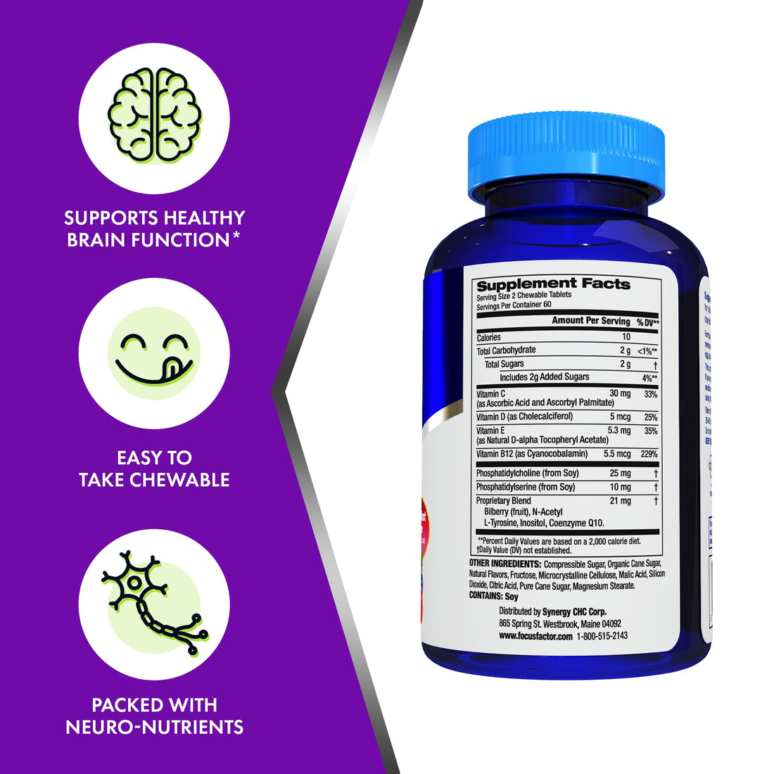 Focus Factor Kids Extra Strength Daily Chewable for Brain Health Support, 120 Count – Vitamins - Quality Formula – Gluten & Dairy Free Supplements for Children – No Artificial Sweetener