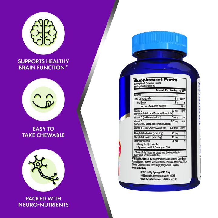 Focus Factor Kids Extra Strength Daily Chewable for Brain Health Support, 120 Count – Vitamins - Quality Formula – Gluten & Dairy Free Supplements for Children – No Artificial Sweetener