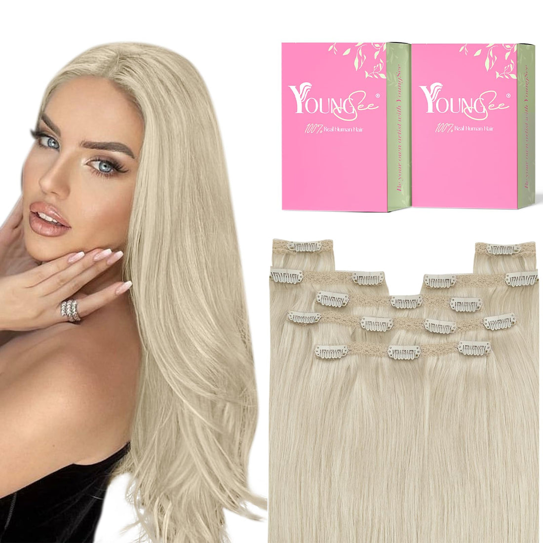 Youngsee 16 inches Clip in Hair Extensions Remy Blonde #60 7pcs Silk Straight Thick Clip in Hiar Extensions Remy Human Hair 120g Per Pack: 16, 60