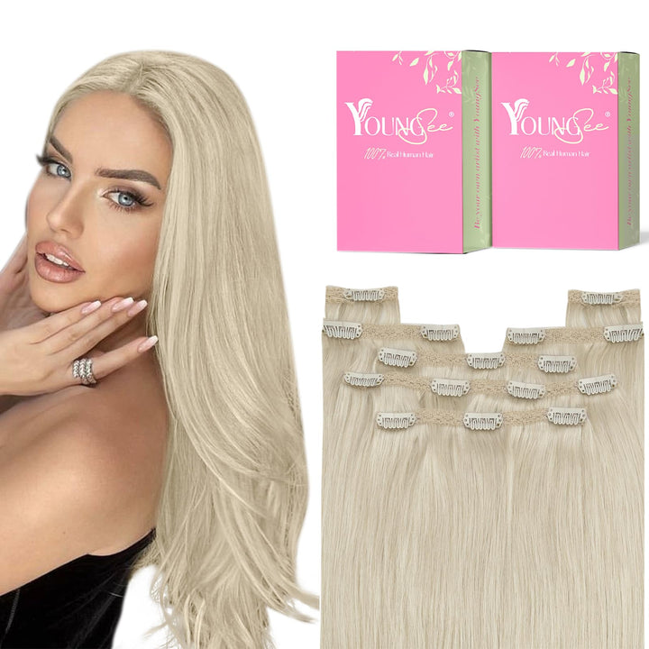 Youngsee 16 inches Clip in Hair Extensions Remy Blonde #60 7pcs Silk Straight Thick Clip in Hiar Extensions Remy Human Hair 120g Per Pack: 16, 60