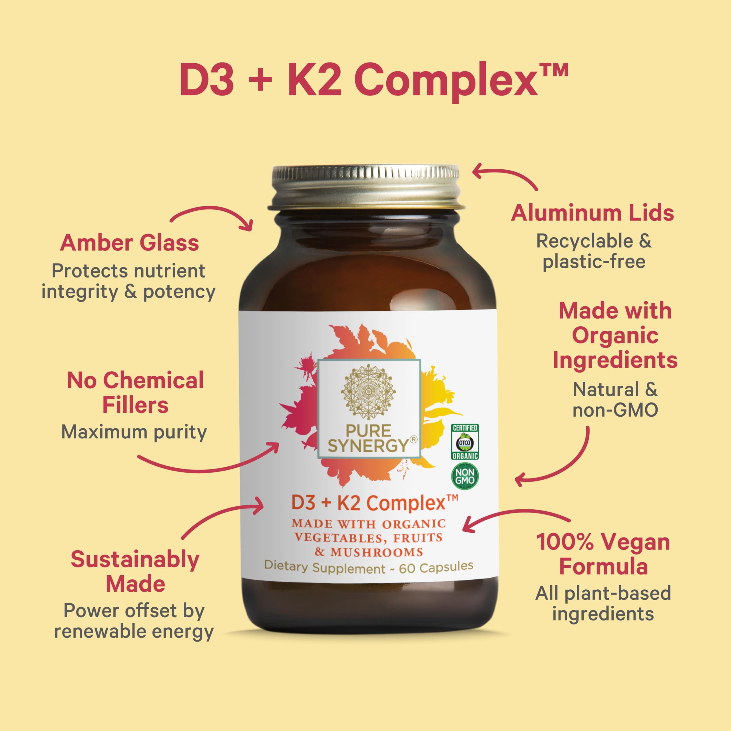 PURE SYNERGY D3 + K2 Complex | Vegan Vitamin D3 K2 Complex | Organic Vitamin D3 Supplement with Vitamin K2 and K1 Plus Organic Whole Foods | Supports Bone, Brain, and Immune Health (60 Capsules)