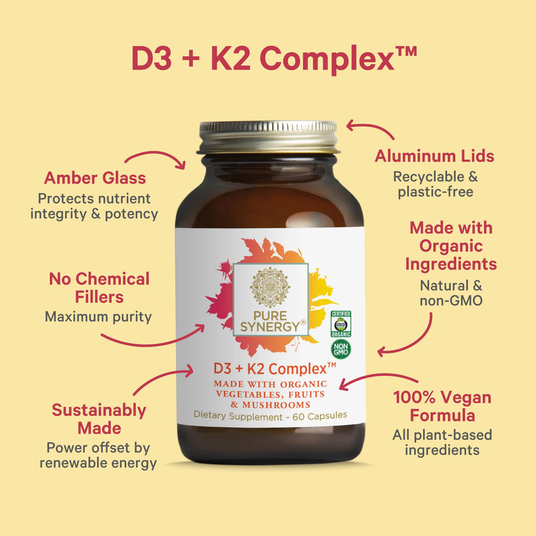 PURE SYNERGY D3 + K2 Complex | Vegan Vitamin D3 K2 Complex | Organic Vitamin D3 Supplement with Vitamin K2 and K1 Plus Organic Whole Foods | Supports Bone, Brain, and Immune Health (60 Capsules)