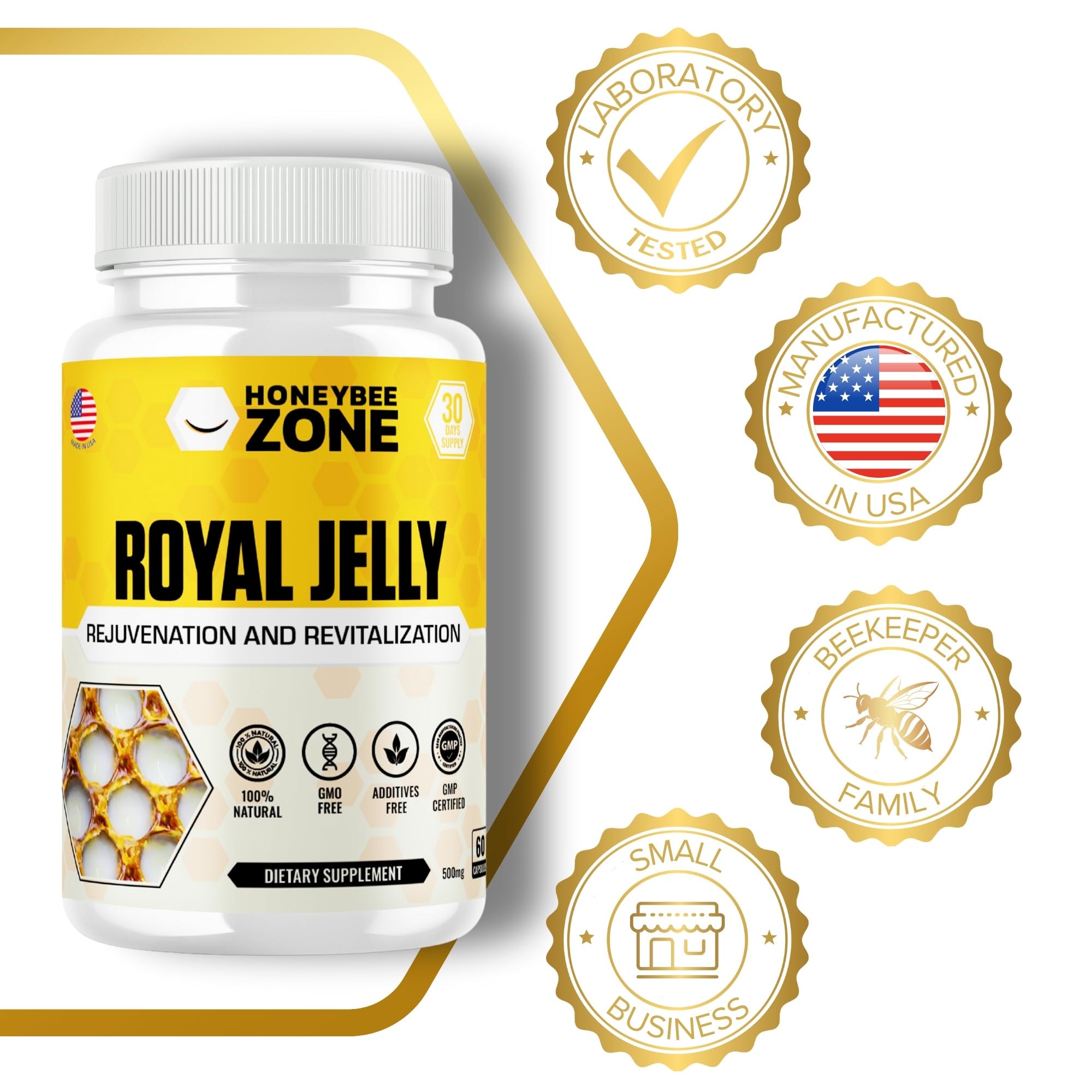 HONEYBEEZONE Royal Jelly Capsules – 500 mg Energy, Glowing Skin and Brain Booster Supplement | Non-GMO, Gluten-Free, 60 Easy-to-Swallow Veggie Capsules