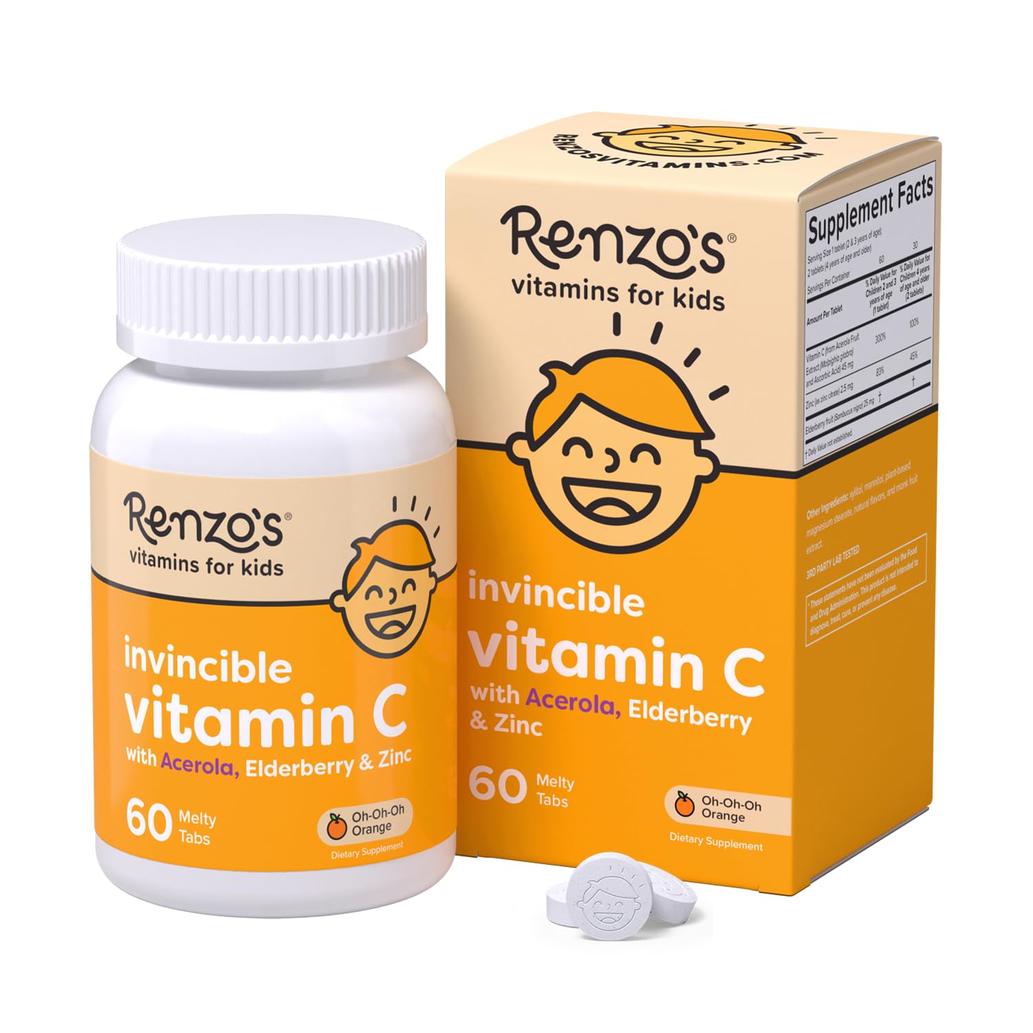 Renzo's Invincible Vitamin C for Kids with Elderberry & Zinc - Dissolvable Kids Vitamins for Immune Support - 60 Orange-Flavored Melty Tabs