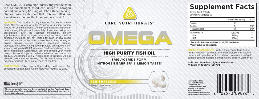 Core Nutritionals Platinum Omega High Purity Fish Oil containing 720mg of EPA, 480mg of DHA, Health Support, 120 Count