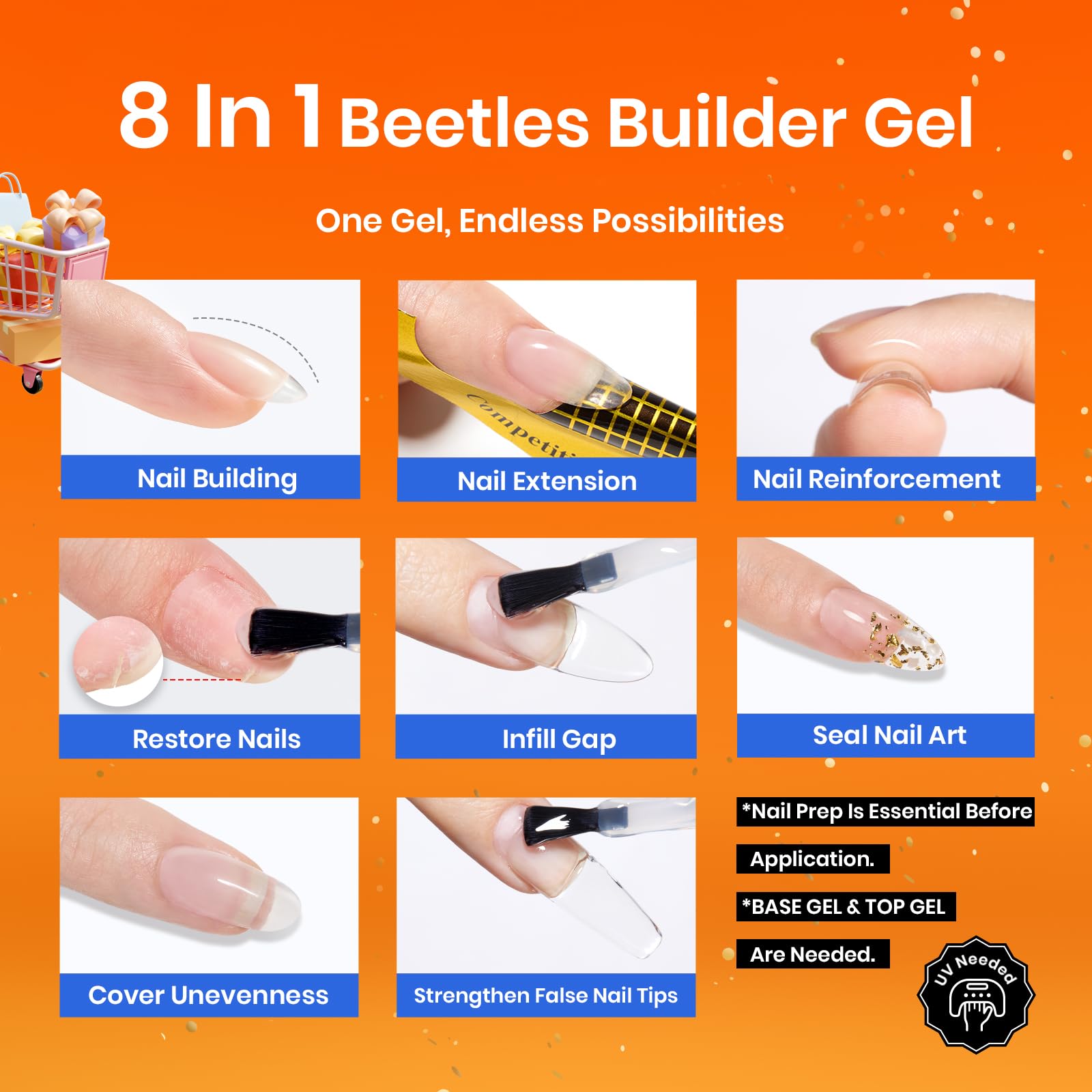 Beetles Builder Gel for Nails 2 Pcs 0.51 oz, 8 in 1 Clear Builder Nail Gel Set for Nail Apex Extension LED Lamp Cured Nail Strengthening Nails for Beginners & DIY Salon Manicurist Women