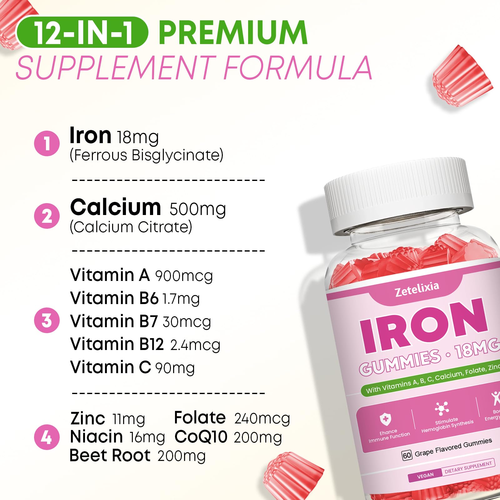 Vegan 2 Pack Iron Supplement Gummies for Women & Men, Anemia, Blood Builder & Energy Support for Iron Deficiency, with Vitamin C, A, B Complex, Folate, Beet Root, CoQ10, Zinc, Sugar Free, 120 Count