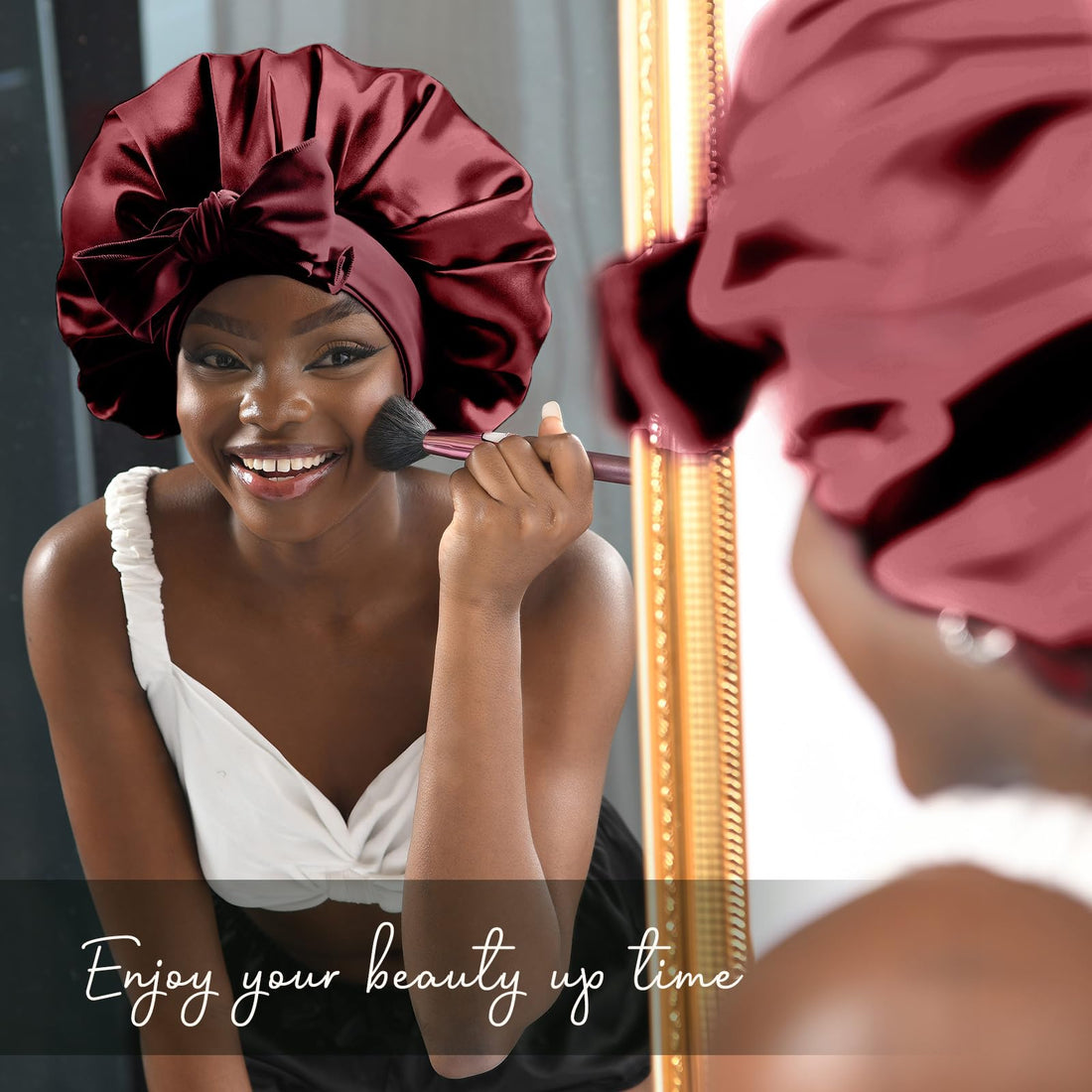 YANIBEST Silk Bonnet for Sleeping Women Adjustable Double Layer Satin Bonnet Reduce Friction Prevent Frizz Natural Curly Hair, Bonnetband-Burgundy