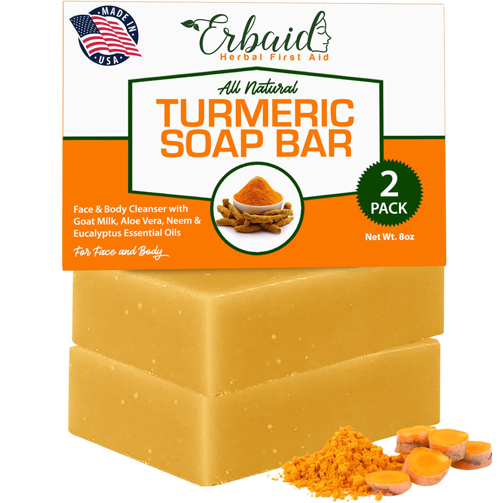 Natural Turmeric Soap Bar for Face & Body – Turmeric Skin Brightening Soap Wash for Dark Spots, Intimate Areas, Underarms – Turmeric Reduces Acne, Fades Scars & Cleanses Skin (4 Ounce (Pack of 2))