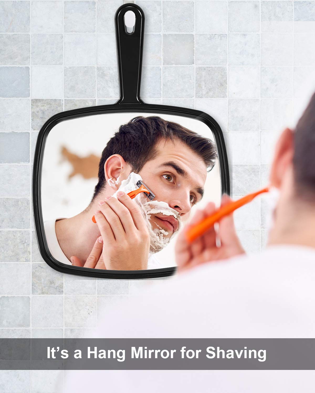 PROTECLE Extra Large Hand Mirror, Salon Barber Hairdressing Handheld Mirror with Handle (Square Black 9 x 12.4)