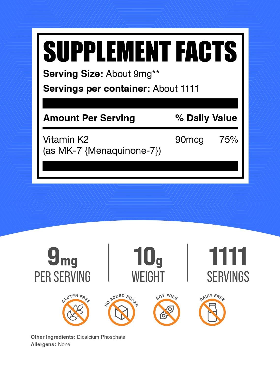 BulkSupplements.com Vitamin K2 Powder - Vitamin K2 MK-7, as Menaquinone Powder - K2 Vitamin Supplement for Wellness, Gluten Free, 9mg per Serving, 10g (0.35 oz) (Pack of 1)