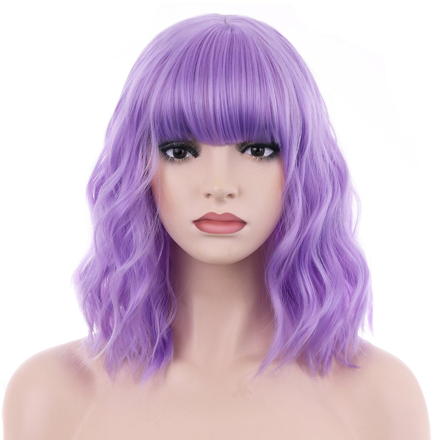 BERON 14 Inches Purple Wig for Women Short Curly Wig Purple Wig with Bangs Light Purple Wigs for Women Lavender Wig Colorful Wigs with Wig Cap