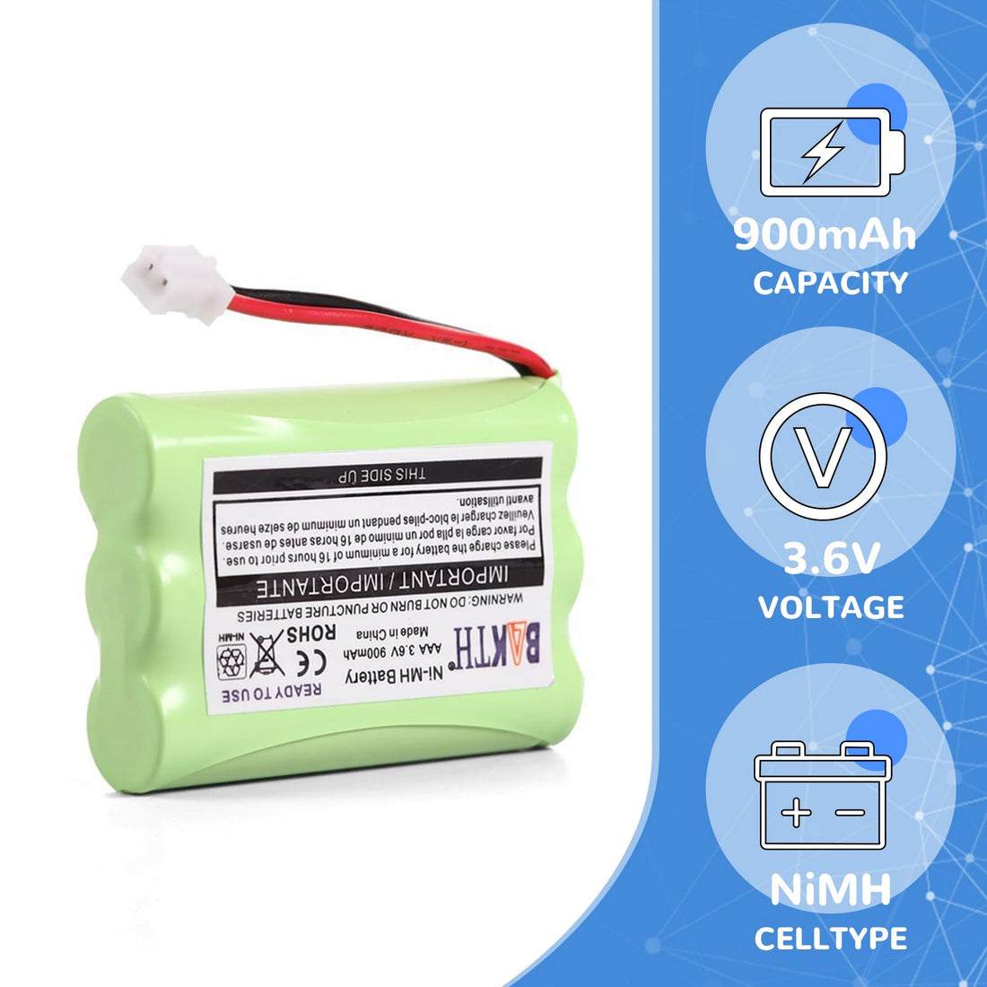 BAKTH 900mAh 3.6V Ni-MH Square-Hole Plug Battery for Motorola MBP33 MBP33S MBP33PU MBP35 MBP36 MBP36S MBP36PU MBP41 MBP43 Baby Monitor (Don't fit MBP33S MBP36 MBP36S with Round Hole Plug)