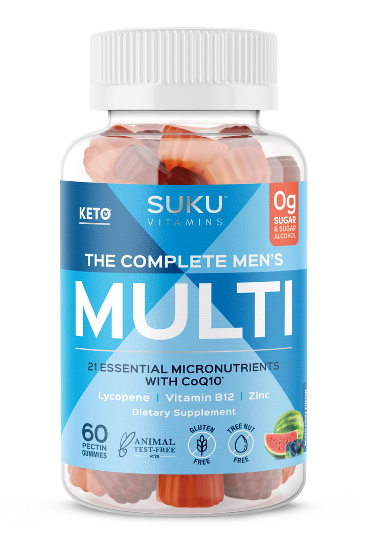 SUKU Vitamins - Complete Men's Multi - MicroNutrients: CoQ10, Lycopene Gummies for Prostate Health - Easy to Chew - Non GMO, Gluten Sugar Free - Mixed Fruit Fusion Gummy Vitamins, 60 Count
