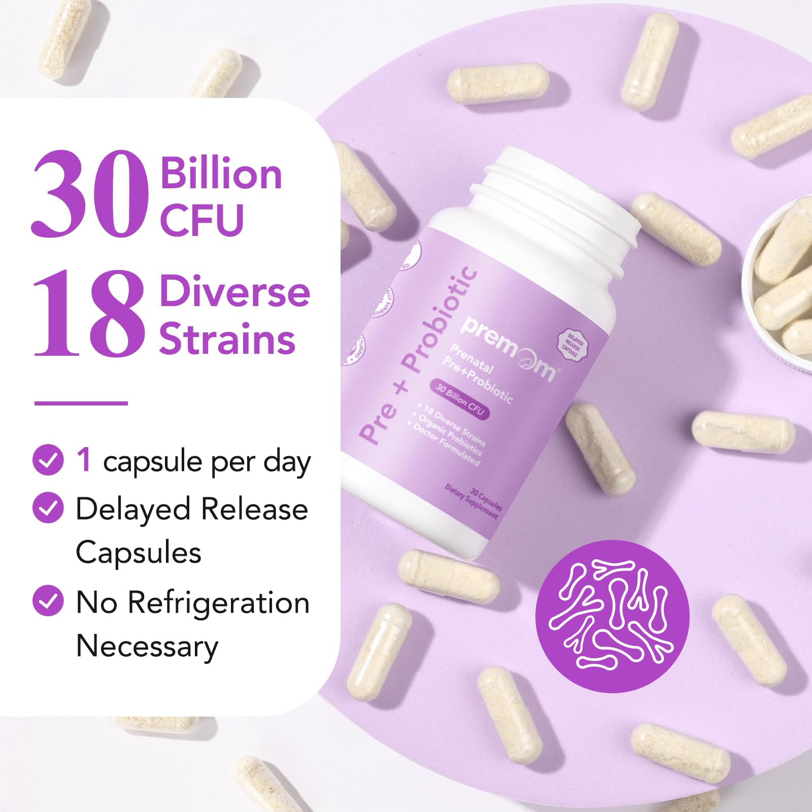 Premom Prenatal Pre & Probiotics for Women: Organic Prebiotics, 30 Billion CFU, 18 Diverse Strains - Supports Digestive, Gut & Immune Health for Mom and Baby - Daily Capsules