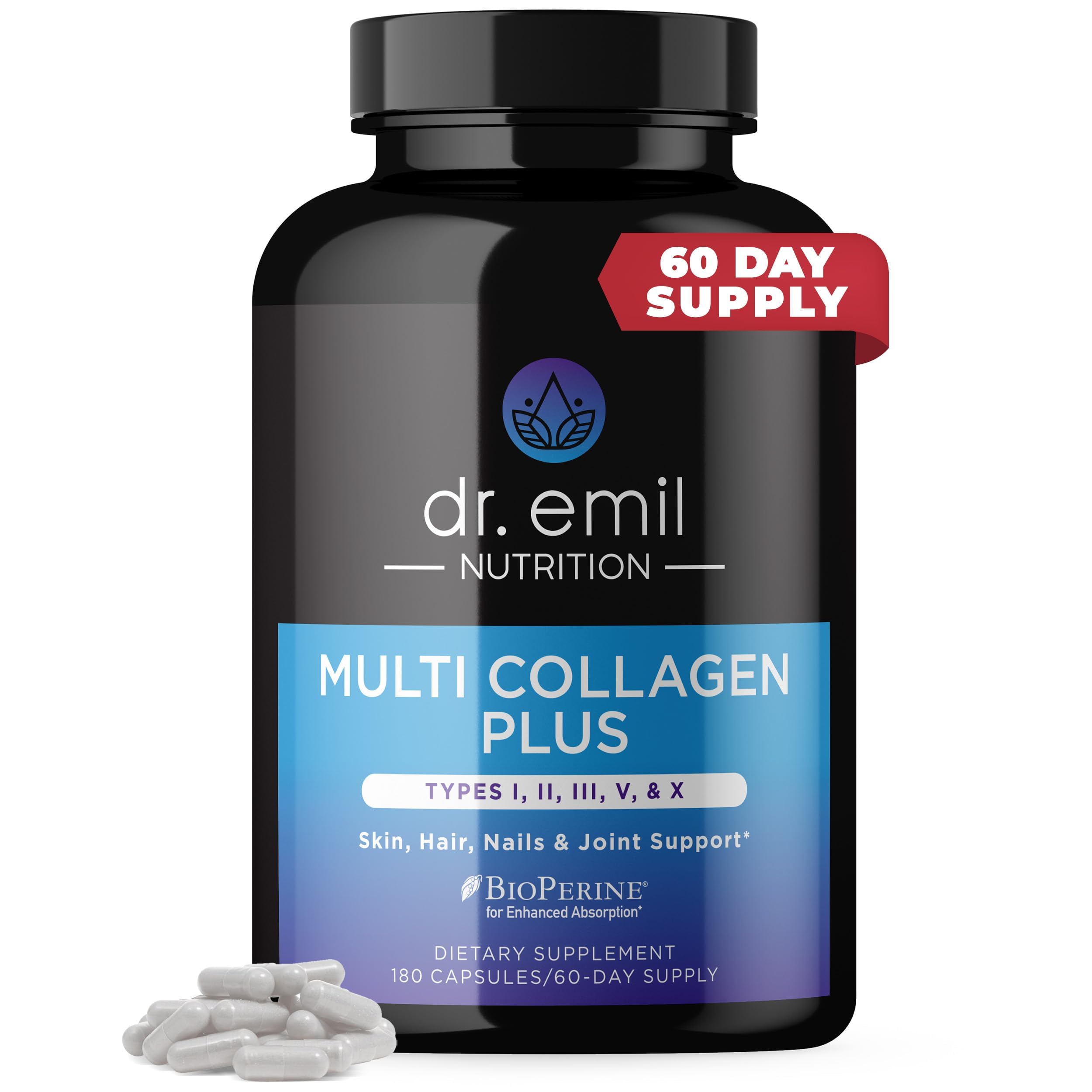 DR. EMIL NUTRITION Multi Collagen Pills - 180 Capsules - Collagen Supplements to Support Hair, Skin, Nails, & Joints - Hydrolyzed Collagen Supplements for Women with Types I, II, III, V & X